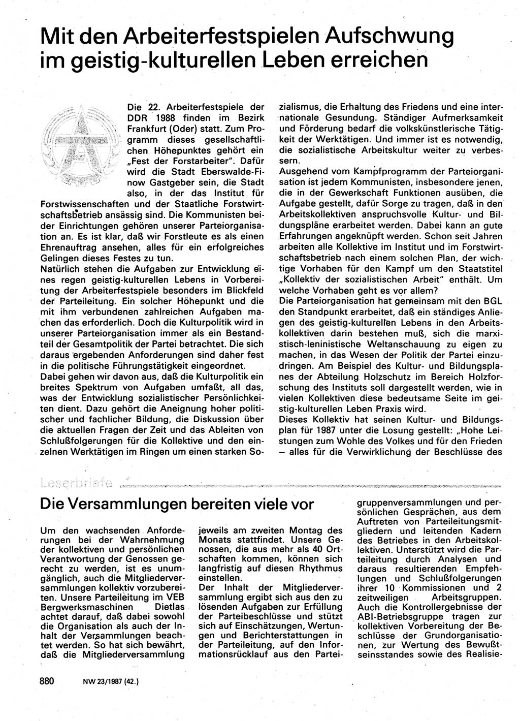 Neuer Weg (NW), Organ des Zentralkomitees (ZK) der SED (Sozialistische Einheitspartei Deutschlands) für Fragen des Parteilebens, 42. Jahrgang [Deutsche Demokratische Republik (DDR)] 1987, Seite 880 (NW ZK SED DDR 1987, S. 880)
