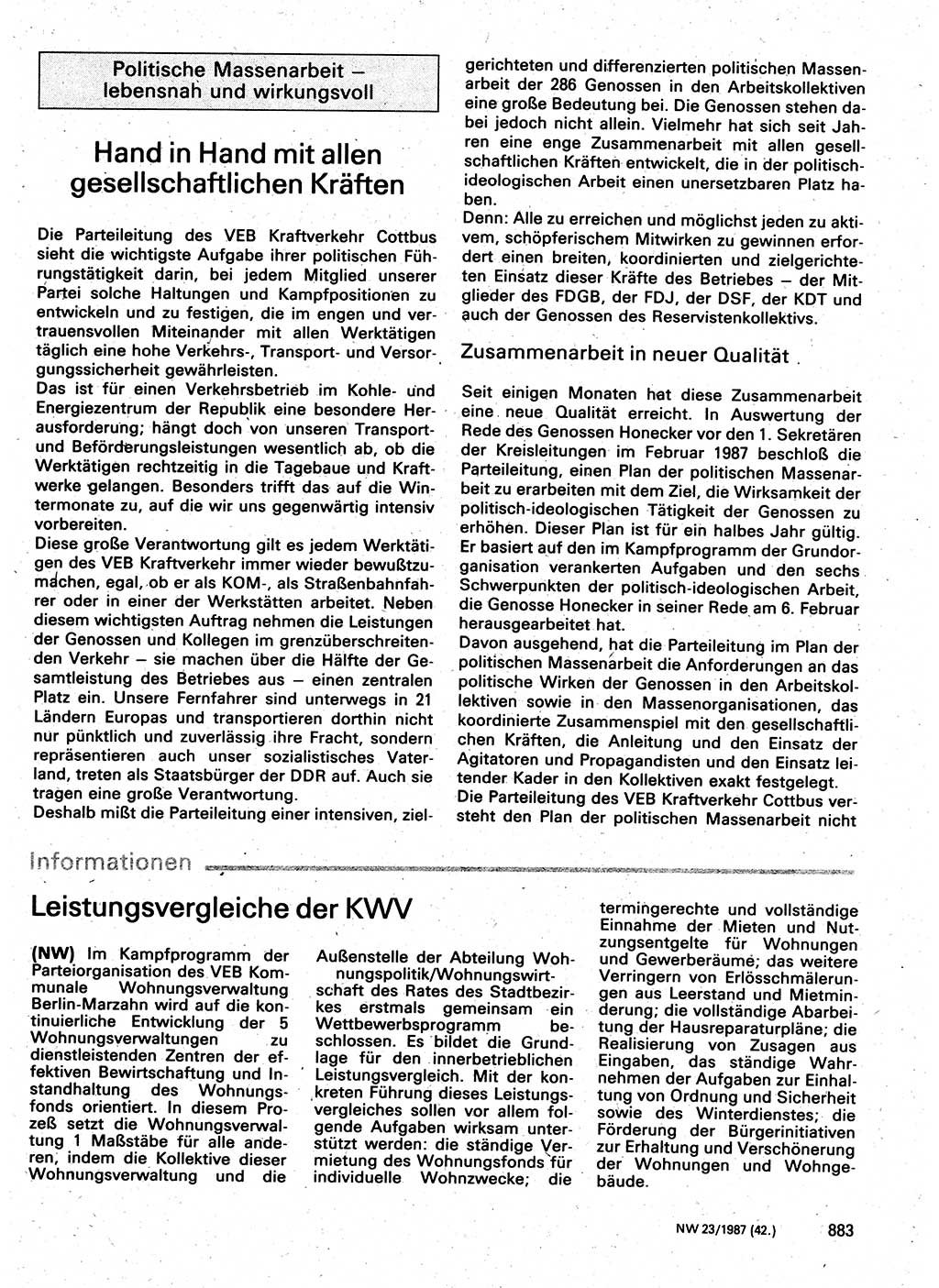 Neuer Weg (NW), Organ des Zentralkomitees (ZK) der SED (Sozialistische Einheitspartei Deutschlands) für Fragen des Parteilebens, 42. Jahrgang [Deutsche Demokratische Republik (DDR)] 1987, Seite 883 (NW ZK SED DDR 1987, S. 883)