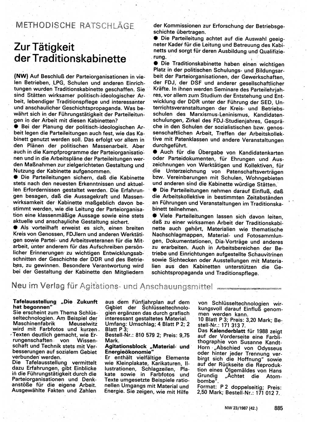 Neuer Weg (NW), Organ des Zentralkomitees (ZK) der SED (Sozialistische Einheitspartei Deutschlands) für Fragen des Parteilebens, 42. Jahrgang [Deutsche Demokratische Republik (DDR)] 1987, Seite 885 (NW ZK SED DDR 1987, S. 885)