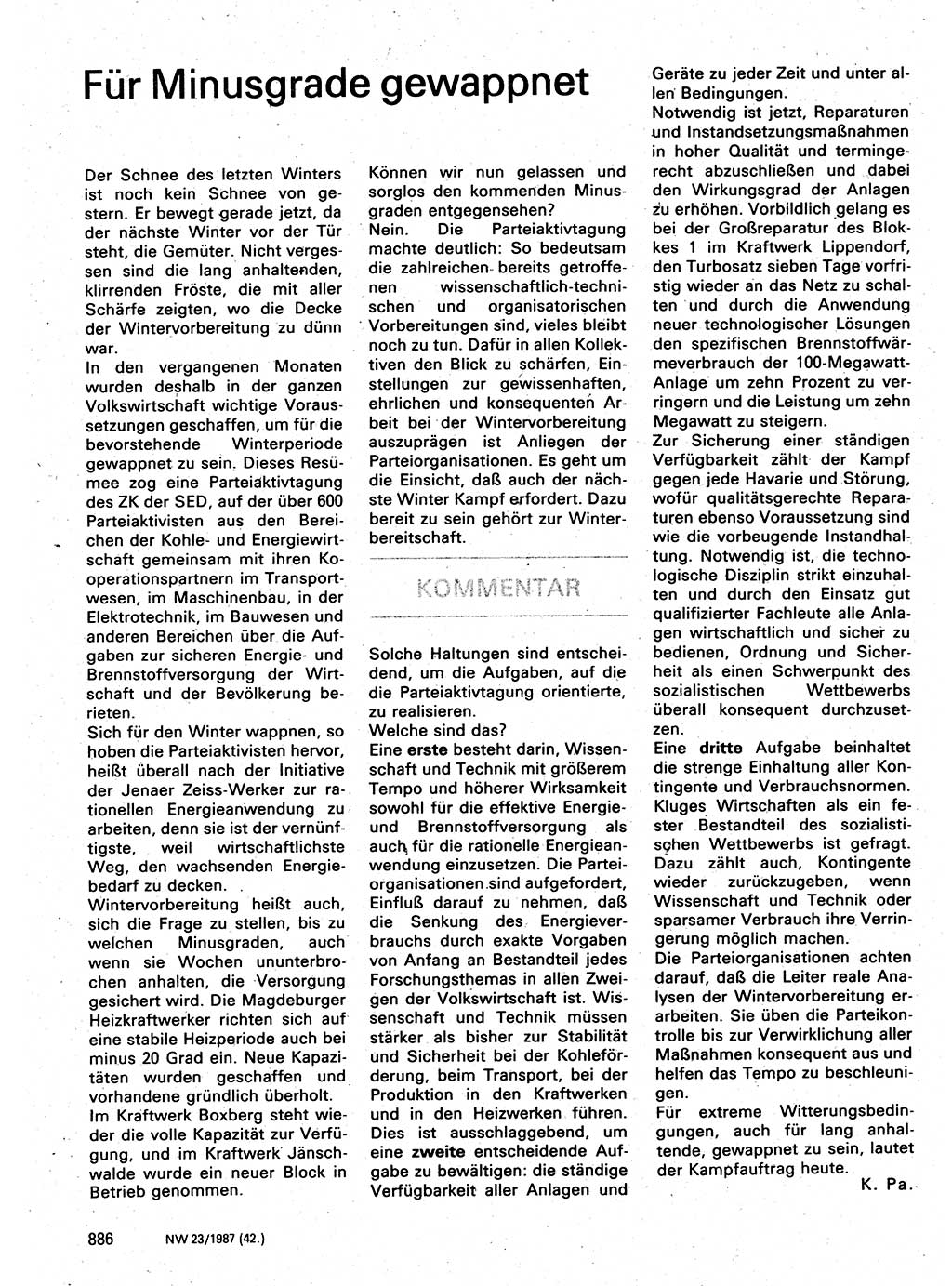 Neuer Weg (NW), Organ des Zentralkomitees (ZK) der SED (Sozialistische Einheitspartei Deutschlands) für Fragen des Parteilebens, 42. Jahrgang [Deutsche Demokratische Republik (DDR)] 1987, Seite 886 (NW ZK SED DDR 1987, S. 886)