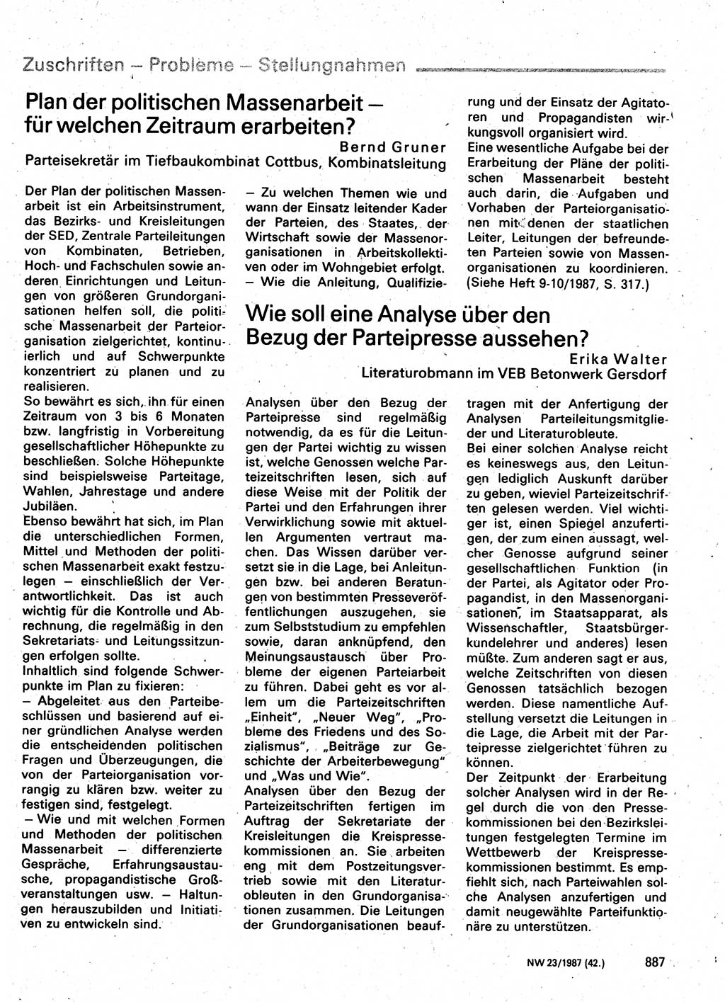 Neuer Weg (NW), Organ des Zentralkomitees (ZK) der SED (Sozialistische Einheitspartei Deutschlands) für Fragen des Parteilebens, 42. Jahrgang [Deutsche Demokratische Republik (DDR)] 1987, Seite 887 (NW ZK SED DDR 1987, S. 887)