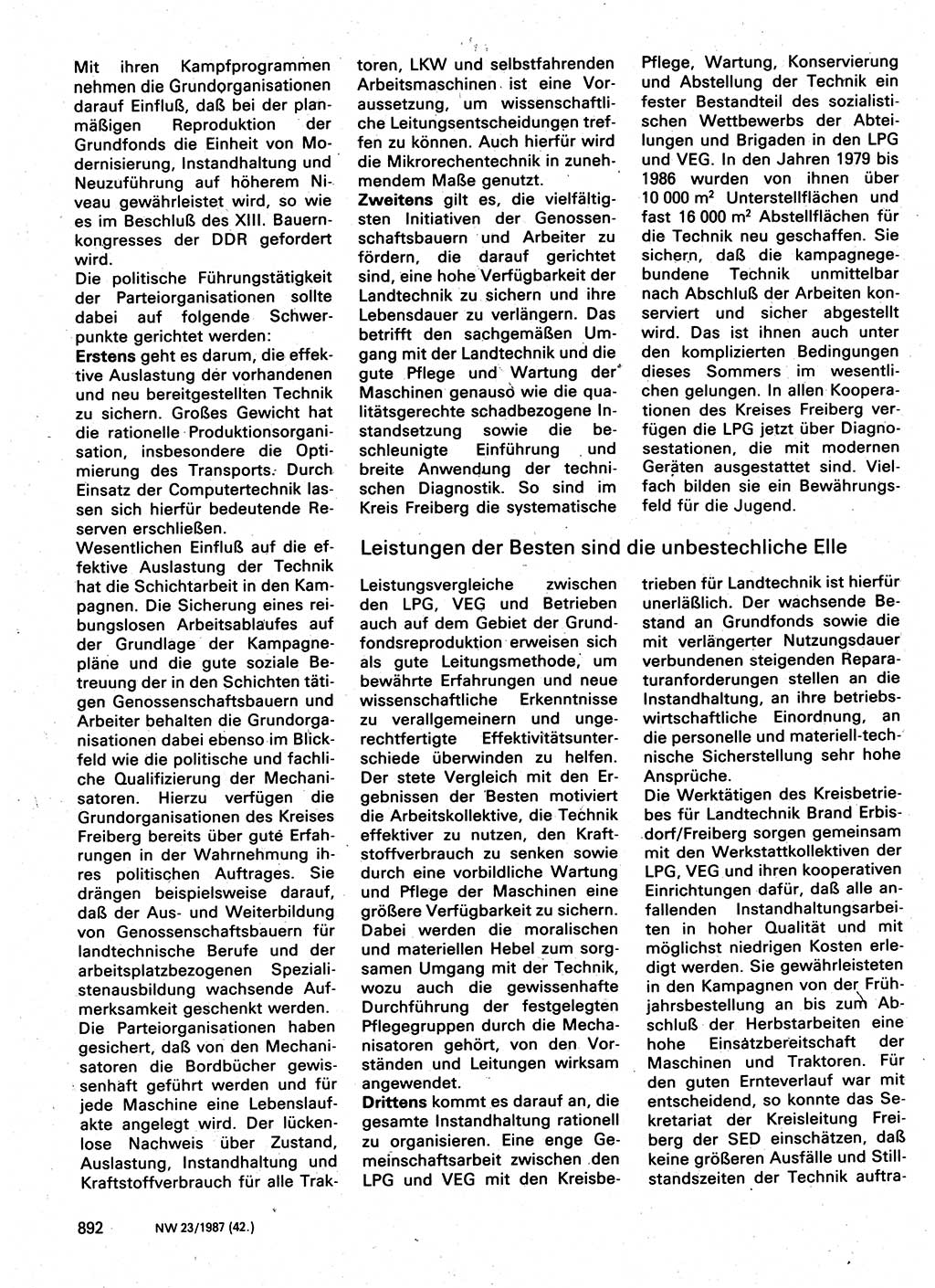 Neuer Weg (NW), Organ des Zentralkomitees (ZK) der SED (Sozialistische Einheitspartei Deutschlands) für Fragen des Parteilebens, 42. Jahrgang [Deutsche Demokratische Republik (DDR)] 1987, Seite 892 (NW ZK SED DDR 1987, S. 892)