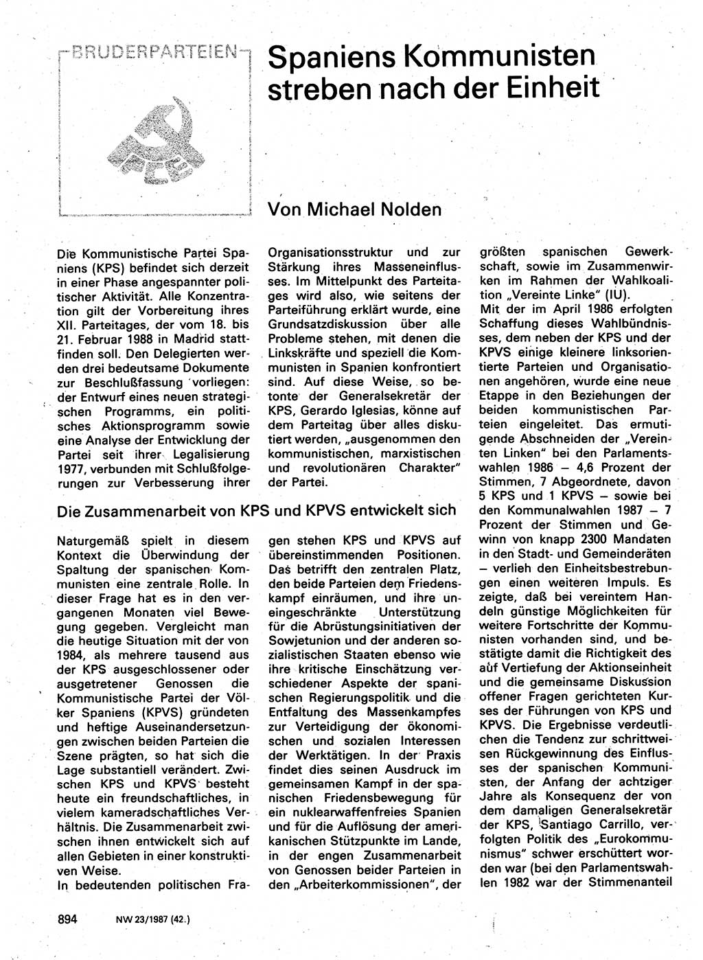 Neuer Weg (NW), Organ des Zentralkomitees (ZK) der SED (Sozialistische Einheitspartei Deutschlands) für Fragen des Parteilebens, 42. Jahrgang [Deutsche Demokratische Republik (DDR)] 1987, Seite 894 (NW ZK SED DDR 1987, S. 894)