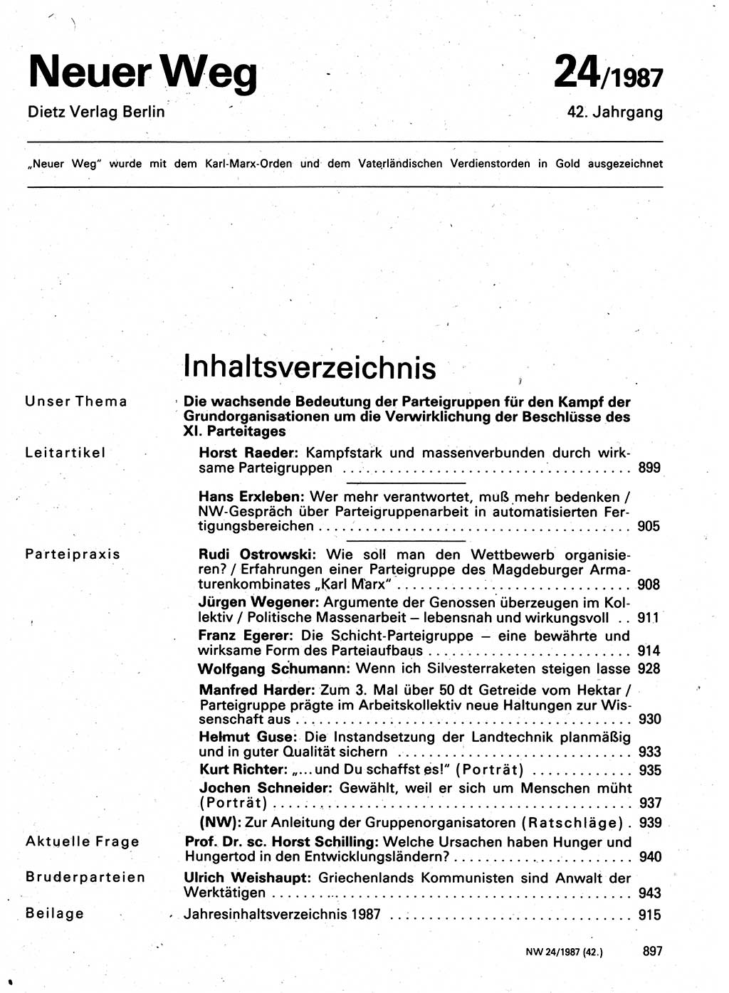 Neuer Weg (NW), Organ des Zentralkomitees (ZK) der SED (Sozialistische Einheitspartei Deutschlands) für Fragen des Parteilebens, 42. Jahrgang [Deutsche Demokratische Republik (DDR)] 1987, Seite 897 (NW ZK SED DDR 1987, S. 897)