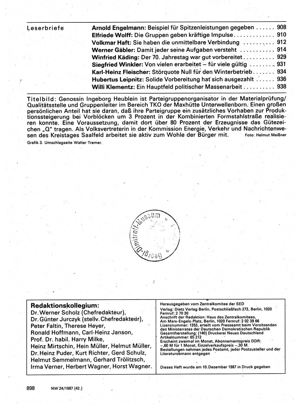 Neuer Weg (NW), Organ des Zentralkomitees (ZK) der SED (Sozialistische Einheitspartei Deutschlands) für Fragen des Parteilebens, 42. Jahrgang [Deutsche Demokratische Republik (DDR)] 1987, Seite 898 (NW ZK SED DDR 1987, S. 898)