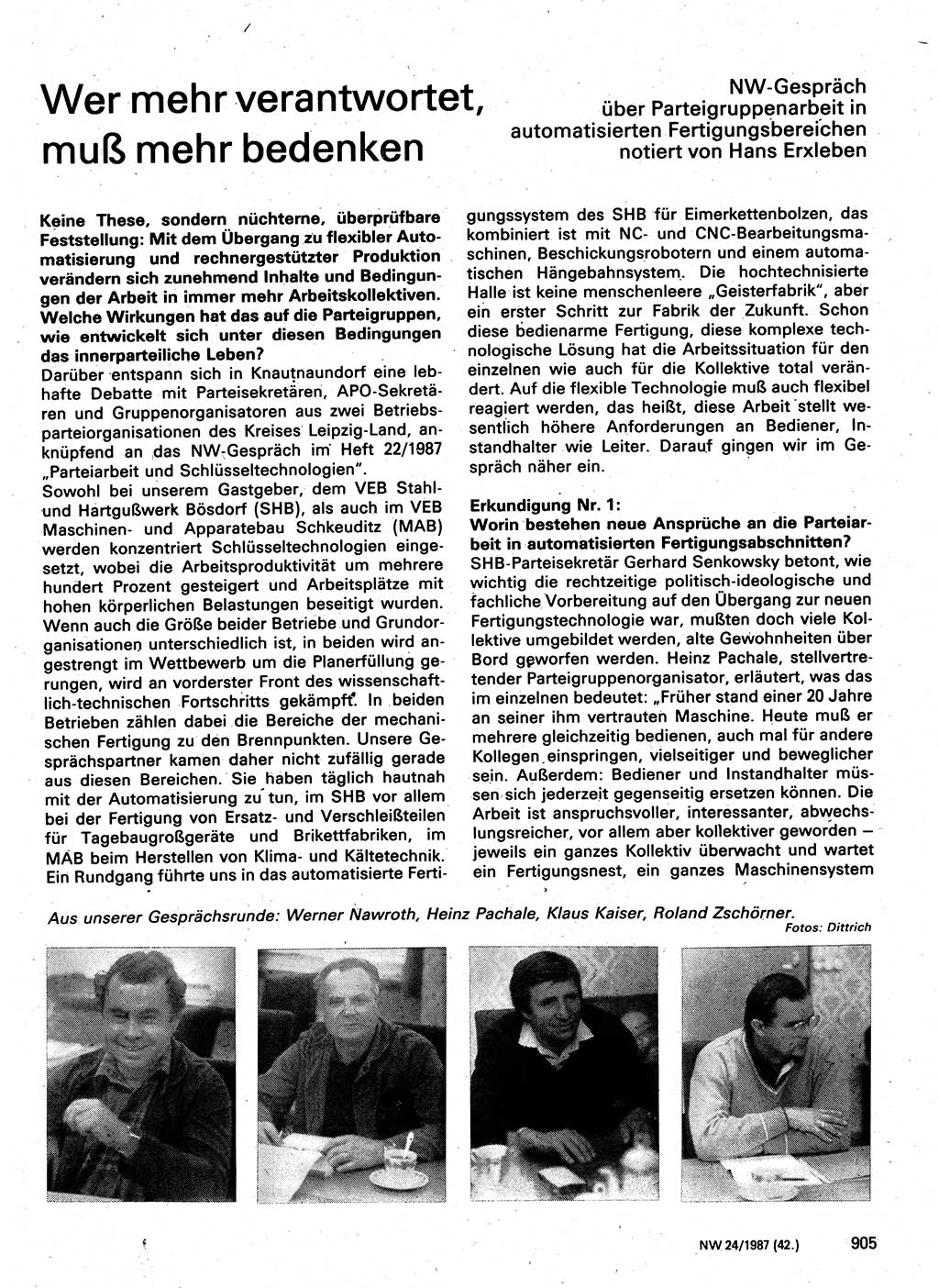 Neuer Weg (NW), Organ des Zentralkomitees (ZK) der SED (Sozialistische Einheitspartei Deutschlands) für Fragen des Parteilebens, 42. Jahrgang [Deutsche Demokratische Republik (DDR)] 1987, Seite 905 (NW ZK SED DDR 1987, S. 905)