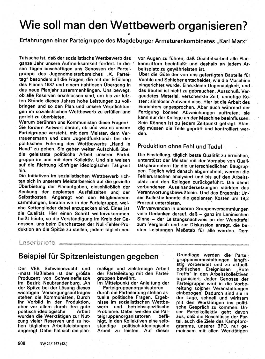 Neuer Weg (NW), Organ des Zentralkomitees (ZK) der SED (Sozialistische Einheitspartei Deutschlands) für Fragen des Parteilebens, 42. Jahrgang [Deutsche Demokratische Republik (DDR)] 1987, Seite 908 (NW ZK SED DDR 1987, S. 908)