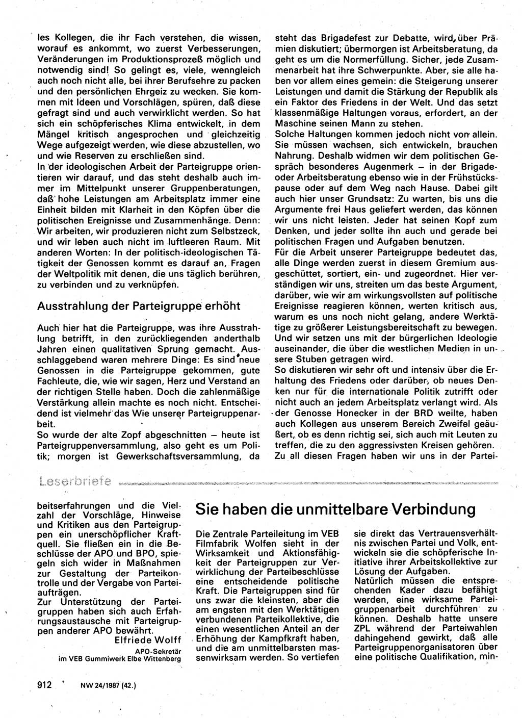 Neuer Weg (NW), Organ des Zentralkomitees (ZK) der SED (Sozialistische Einheitspartei Deutschlands) für Fragen des Parteilebens, 42. Jahrgang [Deutsche Demokratische Republik (DDR)] 1987, Seite 912 (NW ZK SED DDR 1987, S. 912)