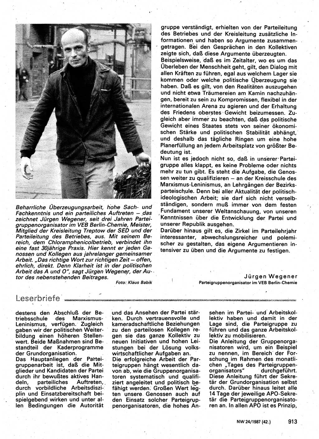 Neuer Weg (NW), Organ des Zentralkomitees (ZK) der SED (Sozialistische Einheitspartei Deutschlands) für Fragen des Parteilebens, 42. Jahrgang [Deutsche Demokratische Republik (DDR)] 1987, Seite 913 (NW ZK SED DDR 1987, S. 913)