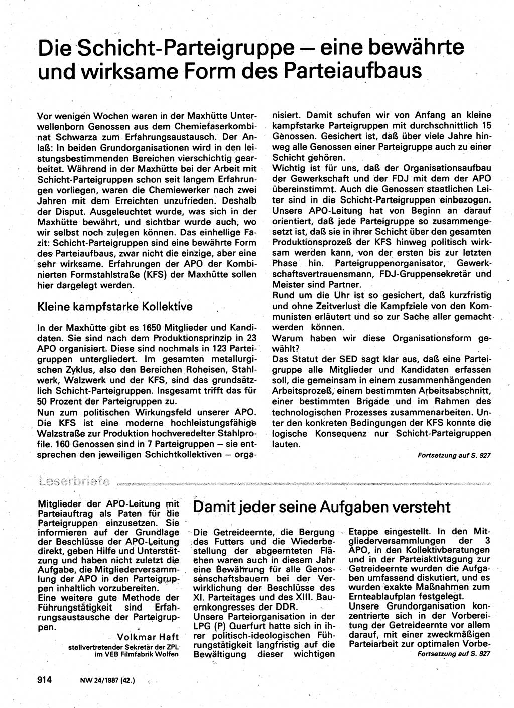 Neuer Weg (NW), Organ des Zentralkomitees (ZK) der SED (Sozialistische Einheitspartei Deutschlands) für Fragen des Parteilebens, 42. Jahrgang [Deutsche Demokratische Republik (DDR)] 1987, Seite 914 (NW ZK SED DDR 1987, S. 914)