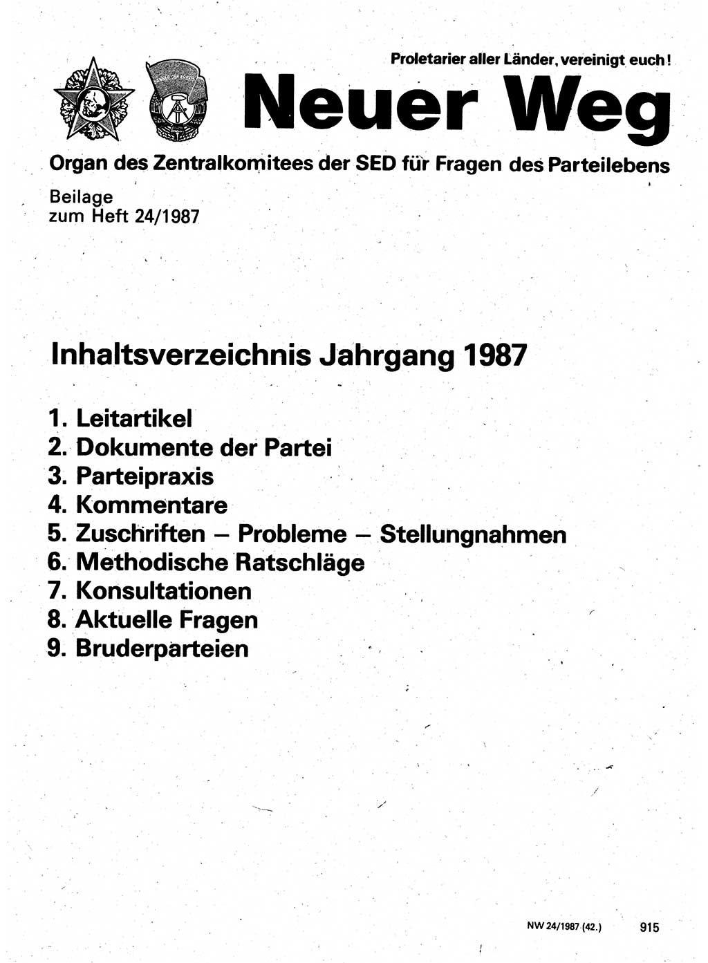 Neuer Weg (NW), Organ des Zentralkomitees (ZK) der SED (Sozialistische Einheitspartei Deutschlands) für Fragen des Parteilebens, 42. Jahrgang [Deutsche Demokratische Republik (DDR)] 1987, Seite 915 (NW ZK SED DDR 1987, S. 915)