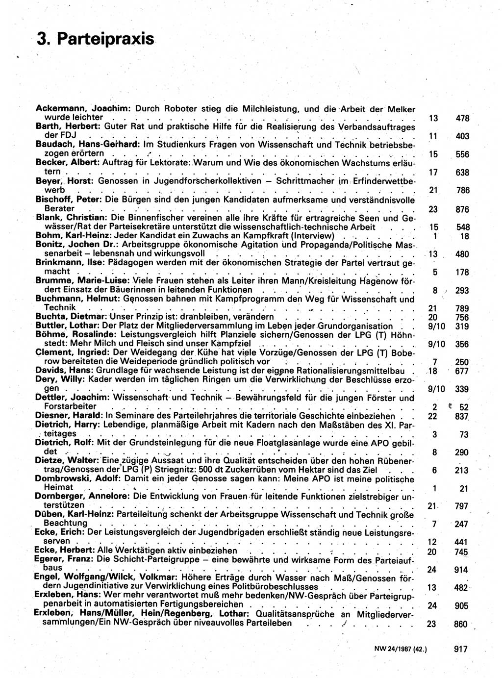 Neuer Weg (NW), Organ des Zentralkomitees (ZK) der SED (Sozialistische Einheitspartei Deutschlands) für Fragen des Parteilebens, 42. Jahrgang [Deutsche Demokratische Republik (DDR)] 1987, Seite 917 (NW ZK SED DDR 1987, S. 917)