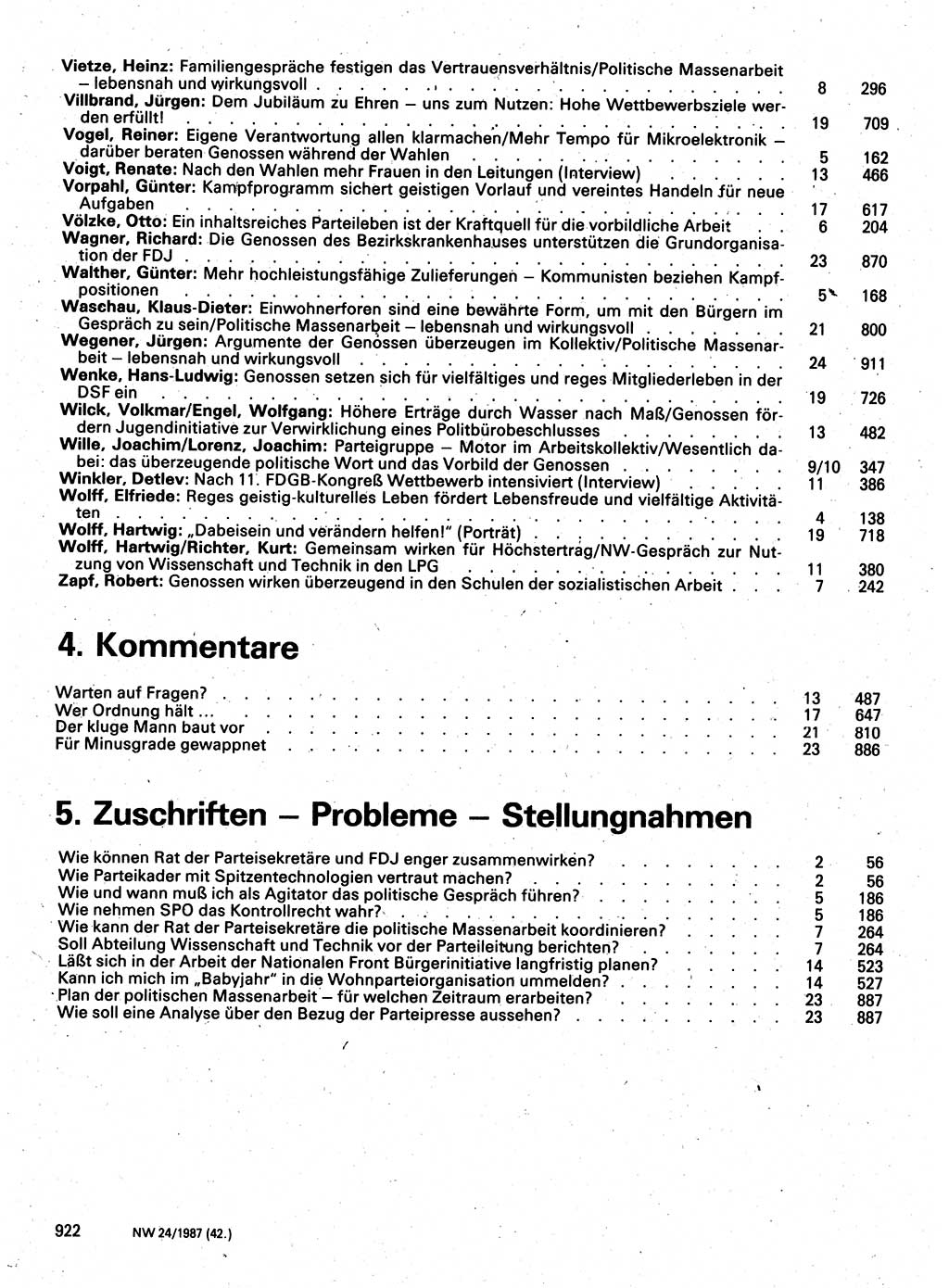 Neuer Weg (NW), Organ des Zentralkomitees (ZK) der SED (Sozialistische Einheitspartei Deutschlands) fÃ¼r Fragen des Parteilebens, 42. Jahrgang [Deutsche Demokratische Republik (DDR)] 1987, Seite 922 (NW ZK SED DDR 1987, S. 922)