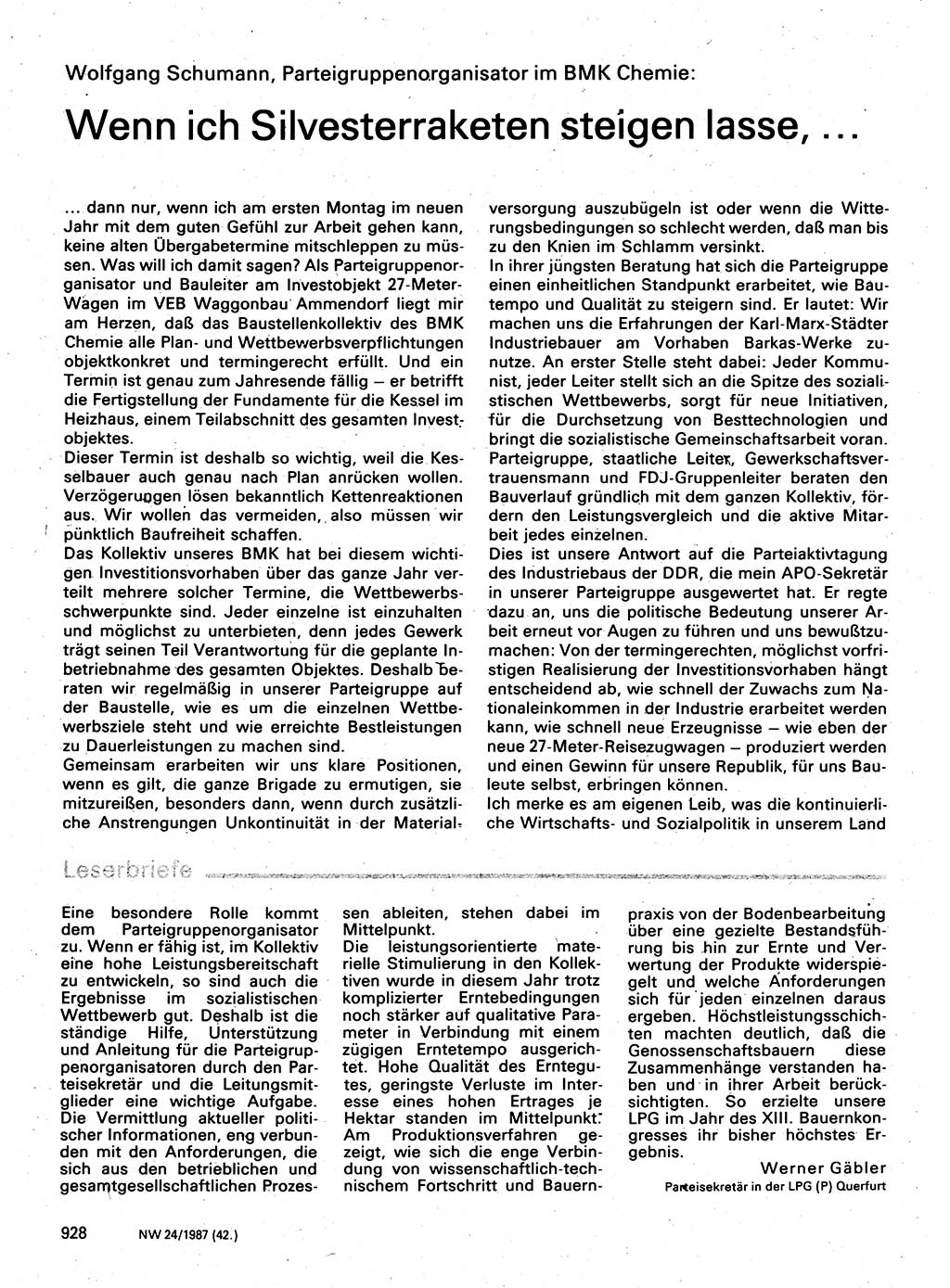 Neuer Weg (NW), Organ des Zentralkomitees (ZK) der SED (Sozialistische Einheitspartei Deutschlands) für Fragen des Parteilebens, 42. Jahrgang [Deutsche Demokratische Republik (DDR)] 1987, Seite 928 (NW ZK SED DDR 1987, S. 928)