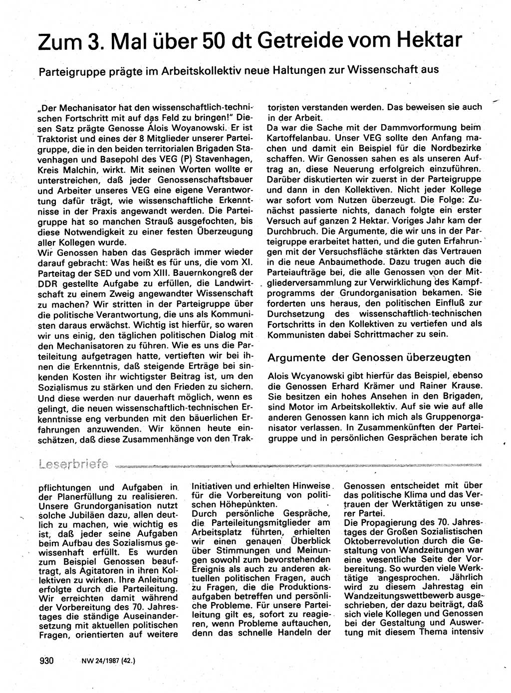 Neuer Weg (NW), Organ des Zentralkomitees (ZK) der SED (Sozialistische Einheitspartei Deutschlands) für Fragen des Parteilebens, 42. Jahrgang [Deutsche Demokratische Republik (DDR)] 1987, Seite 930 (NW ZK SED DDR 1987, S. 930)