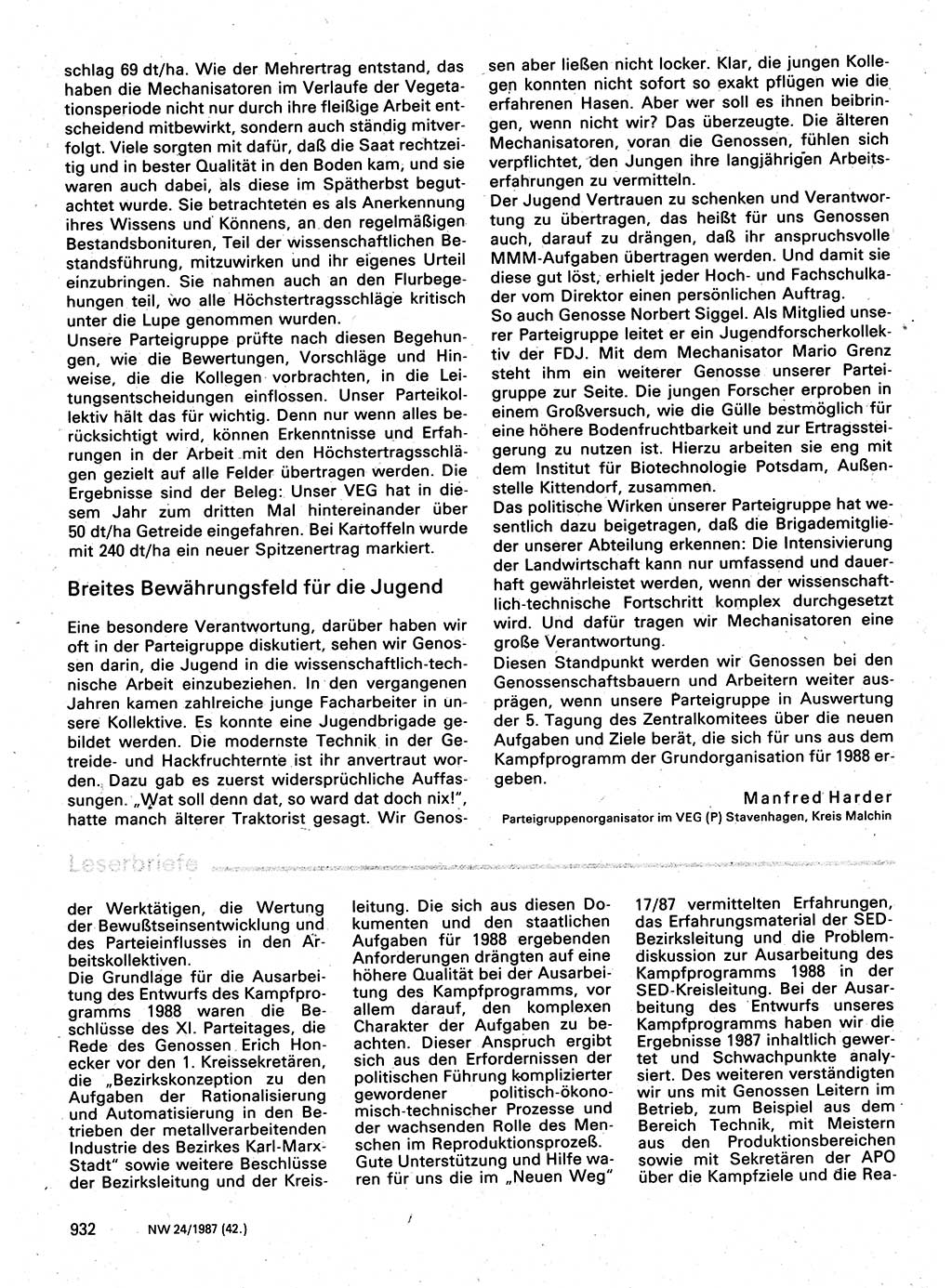 Neuer Weg (NW), Organ des Zentralkomitees (ZK) der SED (Sozialistische Einheitspartei Deutschlands) für Fragen des Parteilebens, 42. Jahrgang [Deutsche Demokratische Republik (DDR)] 1987, Seite 932 (NW ZK SED DDR 1987, S. 932)