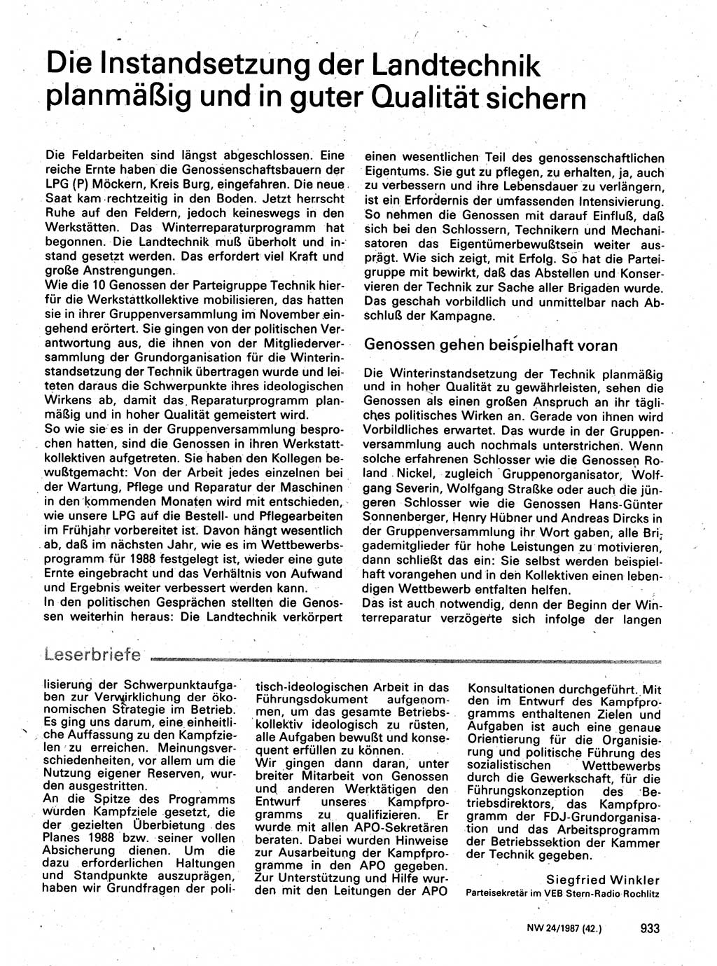 Neuer Weg (NW), Organ des Zentralkomitees (ZK) der SED (Sozialistische Einheitspartei Deutschlands) für Fragen des Parteilebens, 42. Jahrgang [Deutsche Demokratische Republik (DDR)] 1987, Seite 933 (NW ZK SED DDR 1987, S. 933)