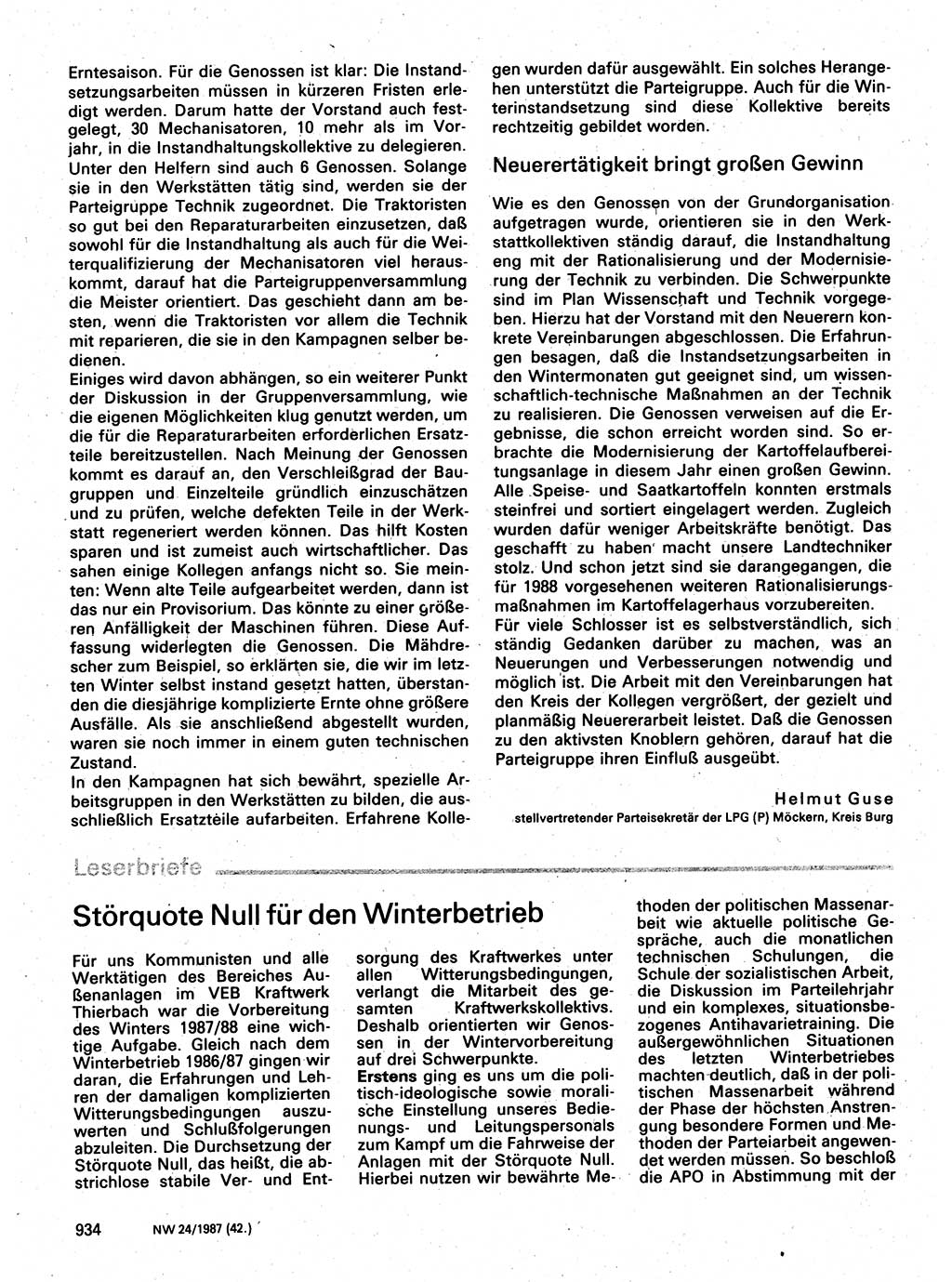 Neuer Weg (NW), Organ des Zentralkomitees (ZK) der SED (Sozialistische Einheitspartei Deutschlands) für Fragen des Parteilebens, 42. Jahrgang [Deutsche Demokratische Republik (DDR)] 1987, Seite 934 (NW ZK SED DDR 1987, S. 934)