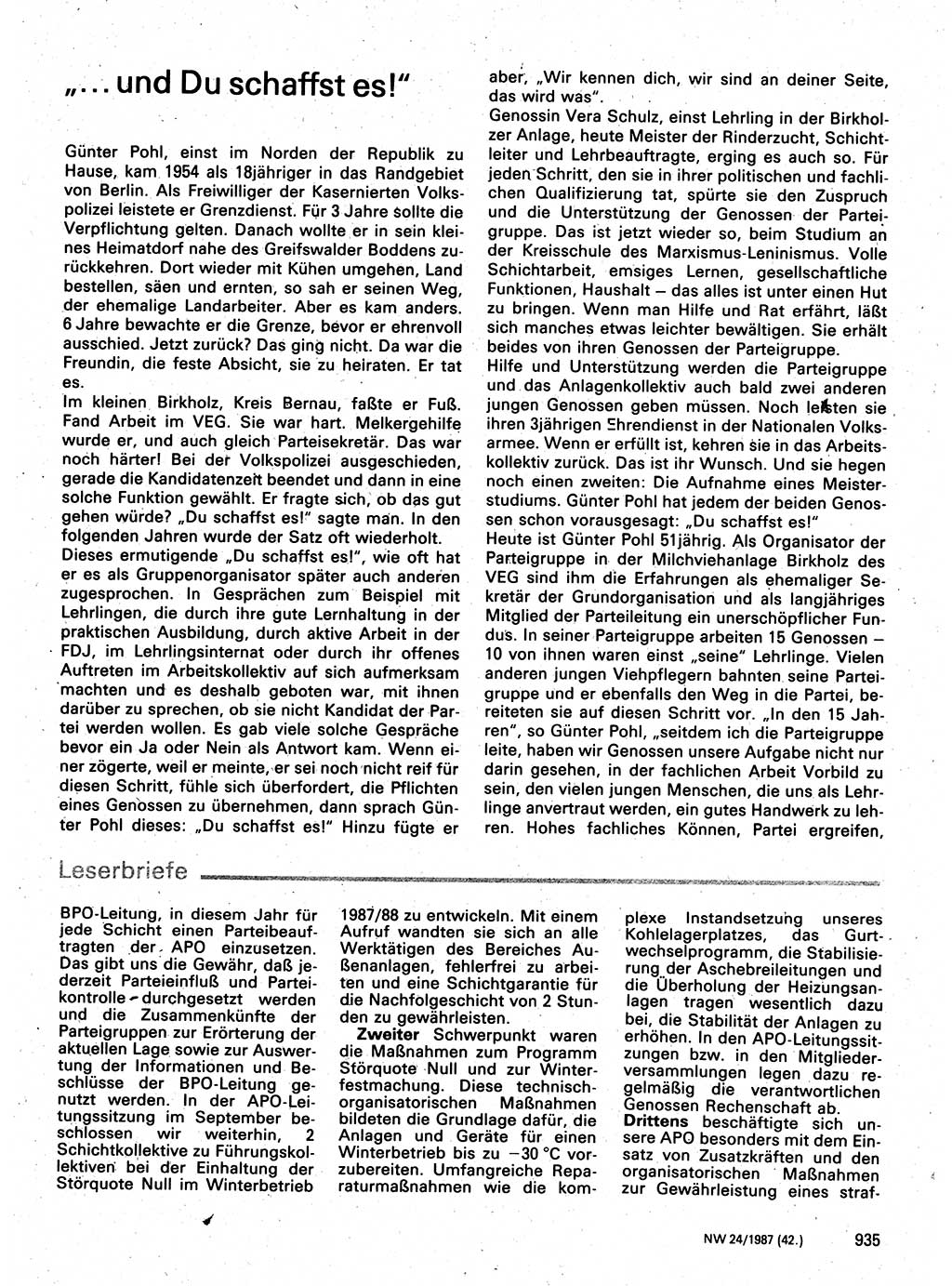 Neuer Weg (NW), Organ des Zentralkomitees (ZK) der SED (Sozialistische Einheitspartei Deutschlands) für Fragen des Parteilebens, 42. Jahrgang [Deutsche Demokratische Republik (DDR)] 1987, Seite 935 (NW ZK SED DDR 1987, S. 935)