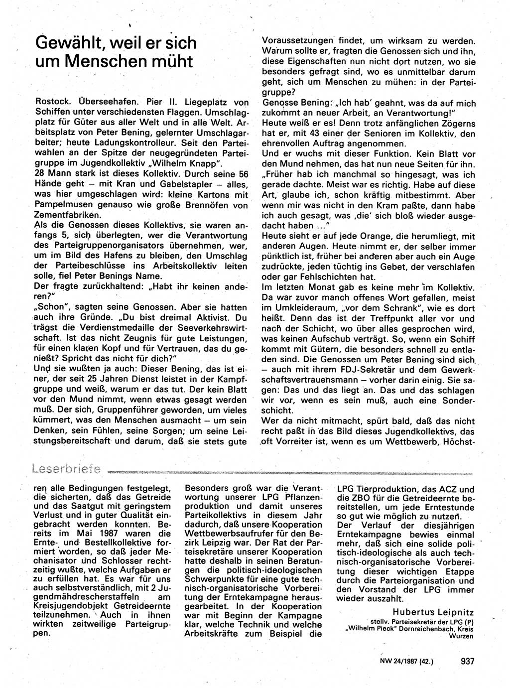 Neuer Weg (NW), Organ des Zentralkomitees (ZK) der SED (Sozialistische Einheitspartei Deutschlands) für Fragen des Parteilebens, 42. Jahrgang [Deutsche Demokratische Republik (DDR)] 1987, Seite 937 (NW ZK SED DDR 1987, S. 937)
