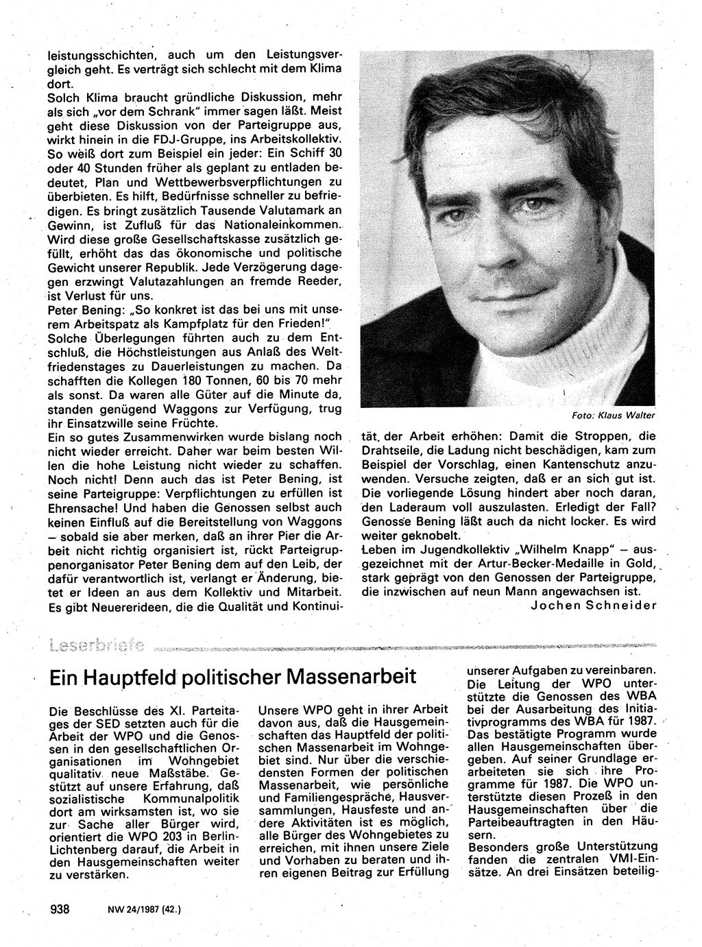 Neuer Weg (NW), Organ des Zentralkomitees (ZK) der SED (Sozialistische Einheitspartei Deutschlands) für Fragen des Parteilebens, 42. Jahrgang [Deutsche Demokratische Republik (DDR)] 1987, Seite 938 (NW ZK SED DDR 1987, S. 938)