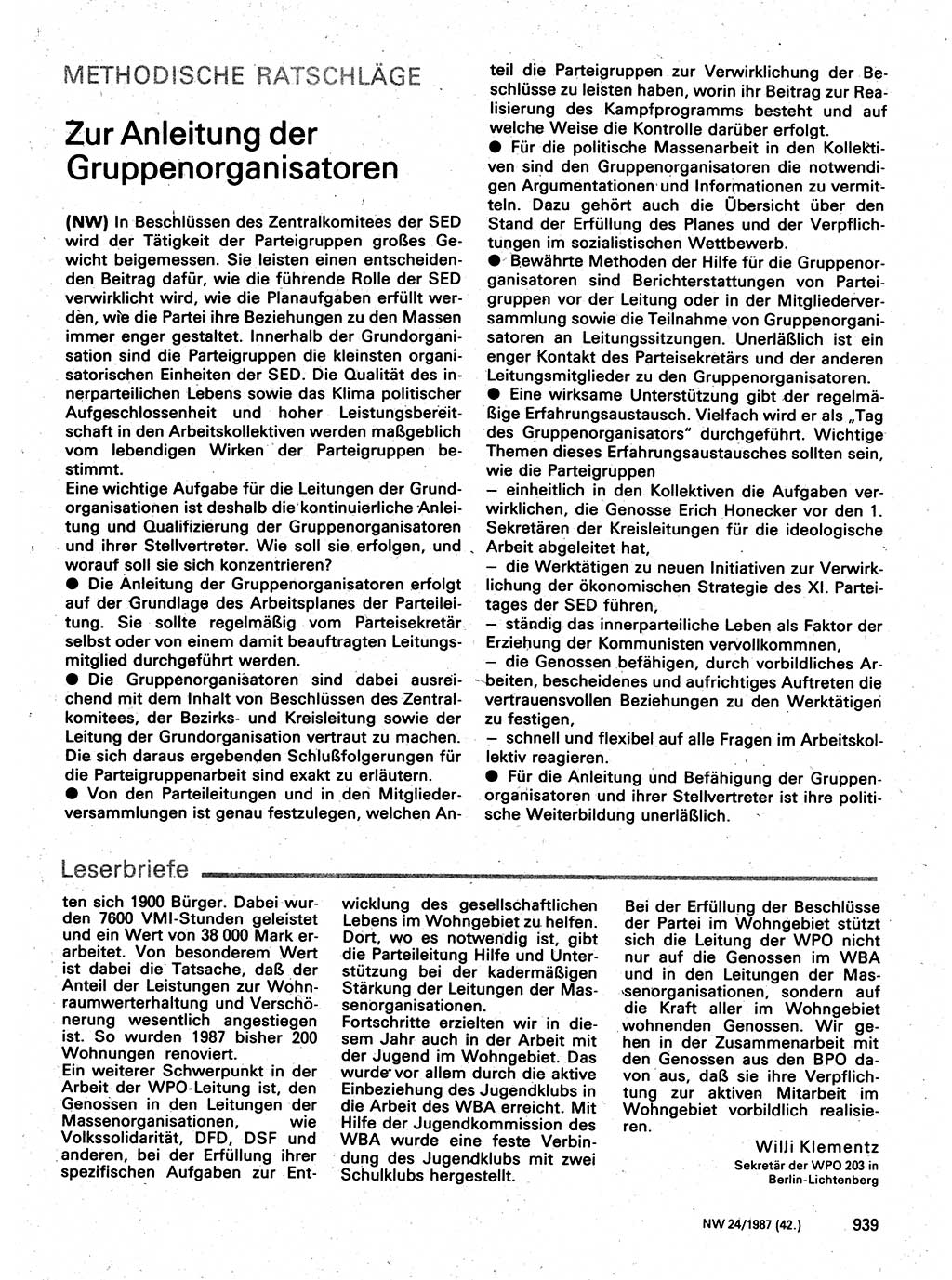 Neuer Weg (NW), Organ des Zentralkomitees (ZK) der SED (Sozialistische Einheitspartei Deutschlands) für Fragen des Parteilebens, 42. Jahrgang [Deutsche Demokratische Republik (DDR)] 1987, Seite 939 (NW ZK SED DDR 1987, S. 939)