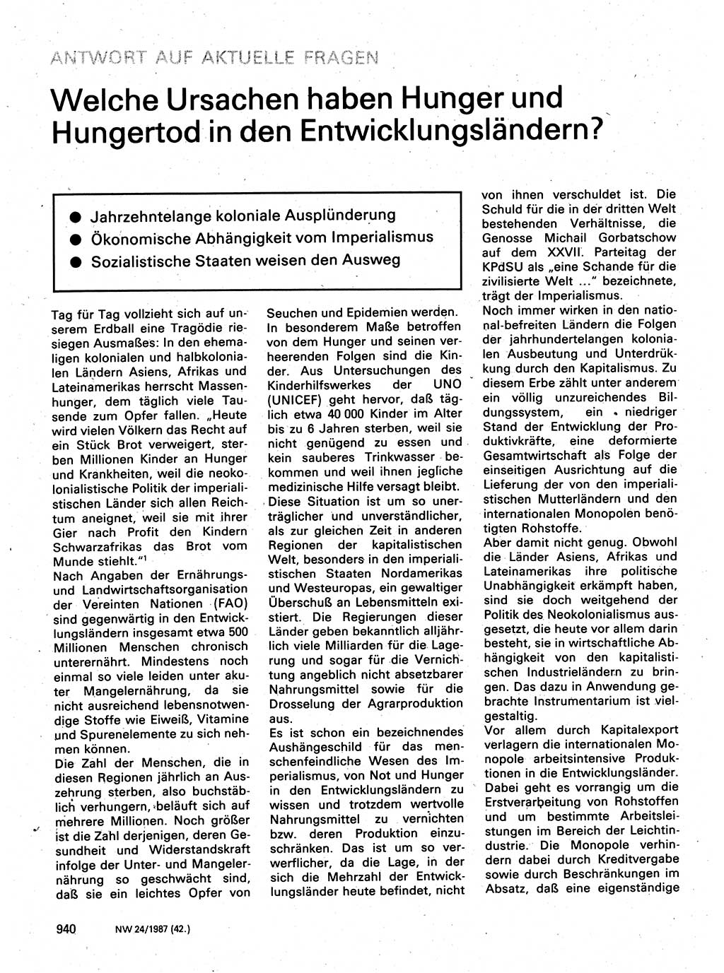 Neuer Weg (NW), Organ des Zentralkomitees (ZK) der SED (Sozialistische Einheitspartei Deutschlands) für Fragen des Parteilebens, 42. Jahrgang [Deutsche Demokratische Republik (DDR)] 1987, Seite 940 (NW ZK SED DDR 1987, S. 940)