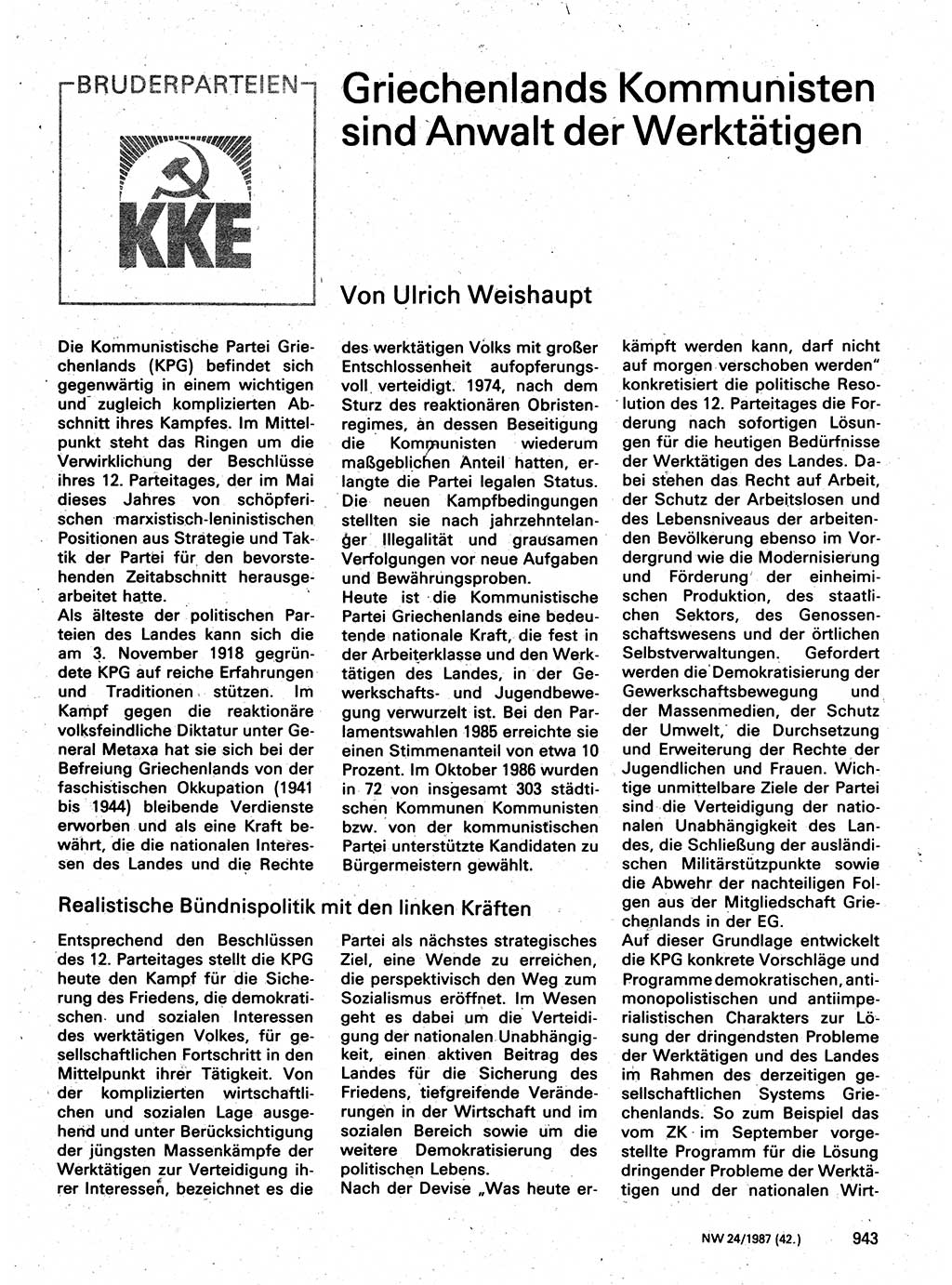 Neuer Weg (NW), Organ des Zentralkomitees (ZK) der SED (Sozialistische Einheitspartei Deutschlands) für Fragen des Parteilebens, 42. Jahrgang [Deutsche Demokratische Republik (DDR)] 1987, Seite 943 (NW ZK SED DDR 1987, S. 943)