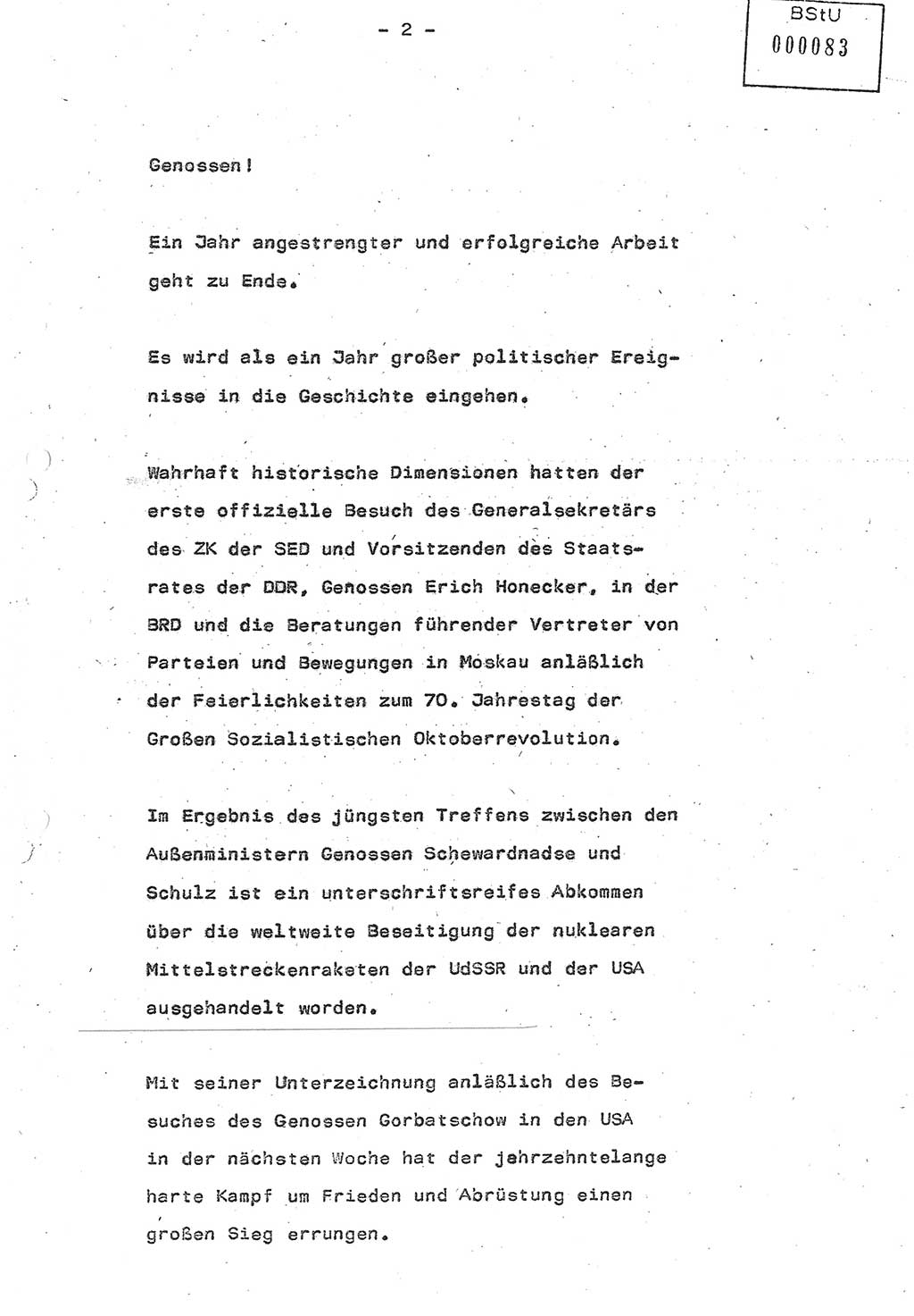 Referat (Oberst Siegfried Rataizick) auf der Dienstberatung mit den Leitern der Abteilungen der Abteilung ⅩⅣ des MfS [Ministerium für Staatssicherheit] Berlin und den Leitern der Abteilungen ⅩⅣ der Bezirksverwaltungen (BV) am 3.12.1987, Ministerium für Staatssicherheit [Deutsche Demokratische Republik (DDR)], Abteilung (Abt.) XIV, Berlin, 28.11.1987, Seite 2 (Ref. Di.-Ber. Ltr. Abt. ⅩⅣ MfS DDR 1987, S. 2)