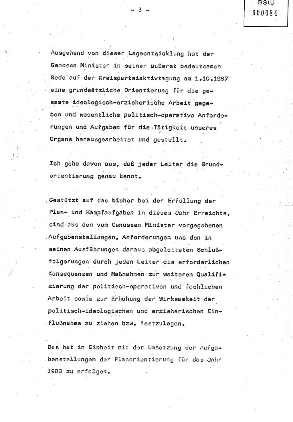 Referat (Oberst Siegfried Rataizick) auf der Dienstberatung mit den Leitern der Abteilungen der Abteilung ⅩⅣ des MfS [Ministerium für Staatssicherheit] Berlin und den Leitern der Abteilungen ⅩⅣ der Bezirksverwaltungen (BV) am 3.12.1987, Ministerium für Staatssicherheit [Deutsche Demokratische Republik (DDR)], Abteilung (Abt.) XIV, Berlin, 28.11.1987, Seite 3 (Ref. Di.-Ber. Ltr. Abt. ⅩⅣ MfS DDR 1987, S. 3)