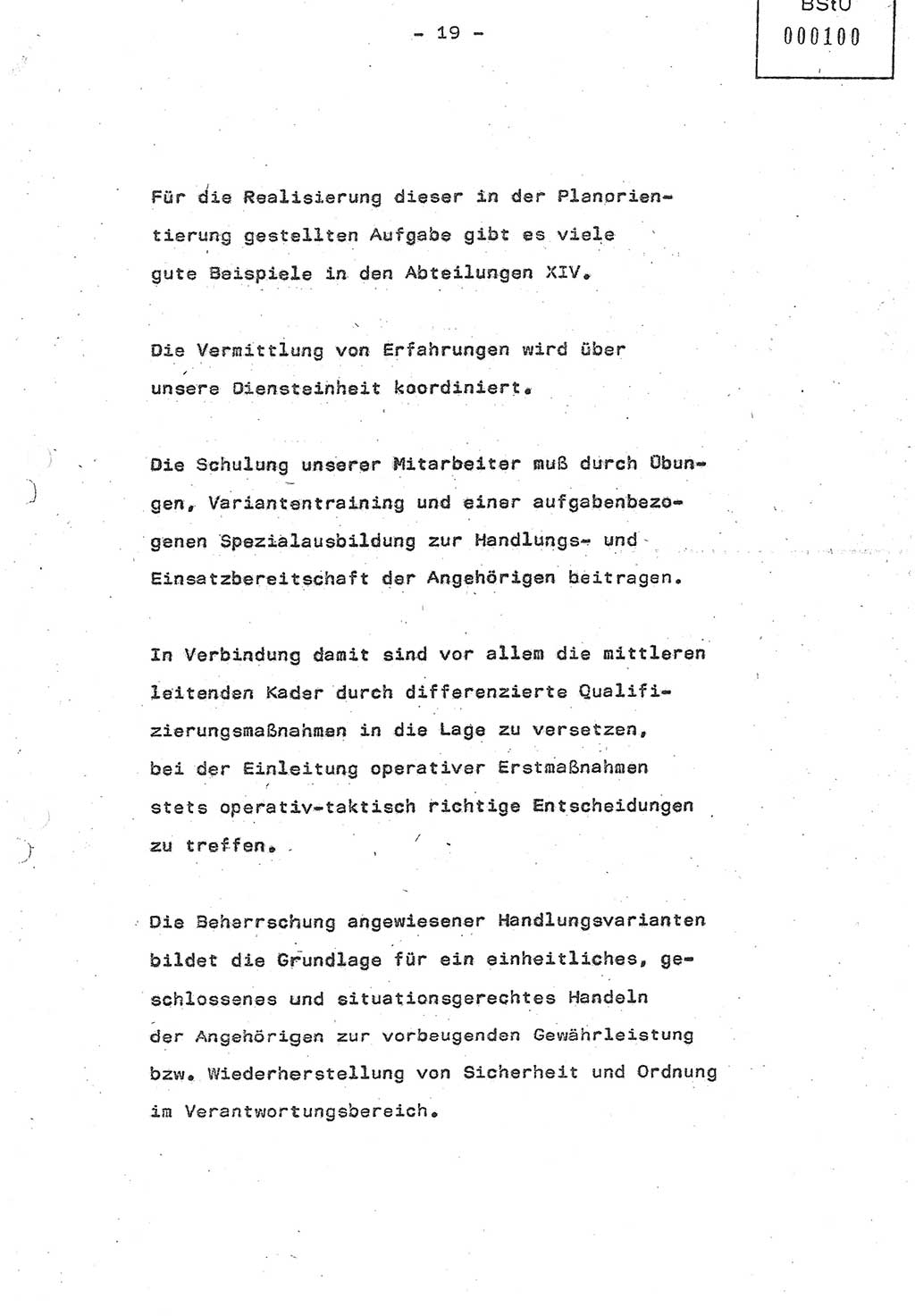 Referat (Oberst Siegfried Rataizick) auf der Dienstberatung mit den Leitern der Abteilungen der Abteilung ⅩⅣ des MfS [Ministerium für Staatssicherheit] Berlin und den Leitern der Abteilungen ⅩⅣ der Bezirksverwaltungen (BV) am 3.12.1987, Ministerium für Staatssicherheit [Deutsche Demokratische Republik (DDR)], Abteilung (Abt.) XIV, Berlin, 28.11.1987, Seite 19 (Ref. Di.-Ber. Ltr. Abt. ⅩⅣ MfS DDR 1987, S. 19)