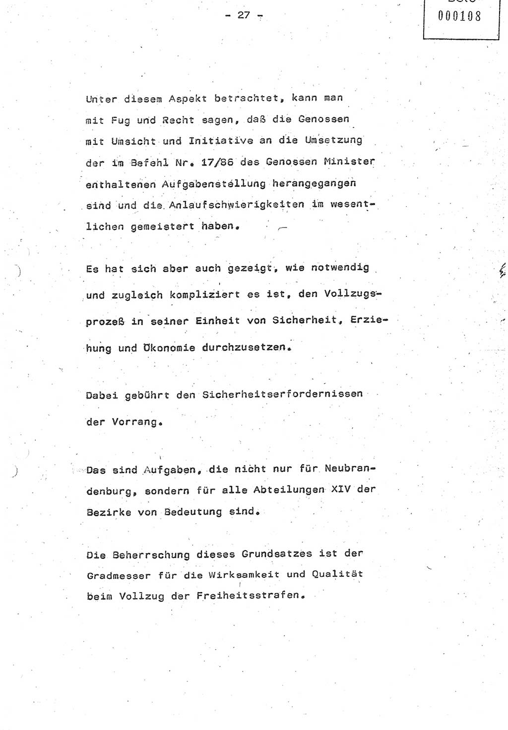 Referat (Oberst Siegfried Rataizick) auf der Dienstberatung mit den Leitern der Abteilungen der Abteilung ⅩⅣ des MfS [Ministerium für Staatssicherheit] Berlin und den Leitern der Abteilungen ⅩⅣ der Bezirksverwaltungen (BV) am 3.12.1987, Ministerium für Staatssicherheit [Deutsche Demokratische Republik (DDR)], Abteilung (Abt.) XIV, Berlin, 28.11.1987, Seite 27 (Ref. Di.-Ber. Ltr. Abt. ⅩⅣ MfS DDR 1987, S. 27)