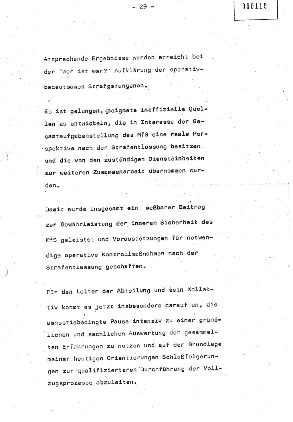 Referat (Oberst Siegfried Rataizick) auf der Dienstberatung mit den Leitern der Abteilungen der Abteilung ⅩⅣ des MfS [Ministerium für Staatssicherheit] Berlin und den Leitern der Abteilungen ⅩⅣ der Bezirksverwaltungen (BV) am 3.12.1987, Ministerium für Staatssicherheit [Deutsche Demokratische Republik (DDR)], Abteilung (Abt.) XIV, Berlin, 28.11.1987, Seite 29 (Ref. Di.-Ber. Ltr. Abt. ⅩⅣ MfS DDR 1987, S. 29)