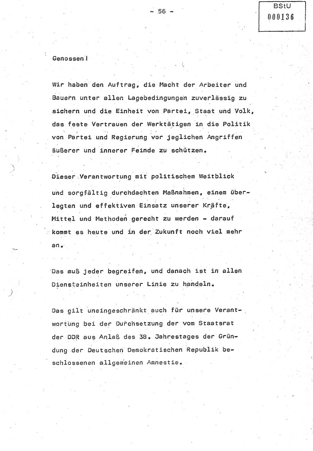 Referat (Oberst Siegfried Rataizick) auf der Dienstberatung mit den Leitern der Abteilungen der Abteilung ⅩⅣ des MfS [Ministerium für Staatssicherheit] Berlin und den Leitern der Abteilungen ⅩⅣ der Bezirksverwaltungen (BV) am 3.12.1987, Ministerium für Staatssicherheit [Deutsche Demokratische Republik (DDR)], Abteilung (Abt.) XIV, Berlin, 28.11.1987, Seite 56 (Ref. Di.-Ber. Ltr. Abt. ⅩⅣ MfS DDR 1987, S. 56)