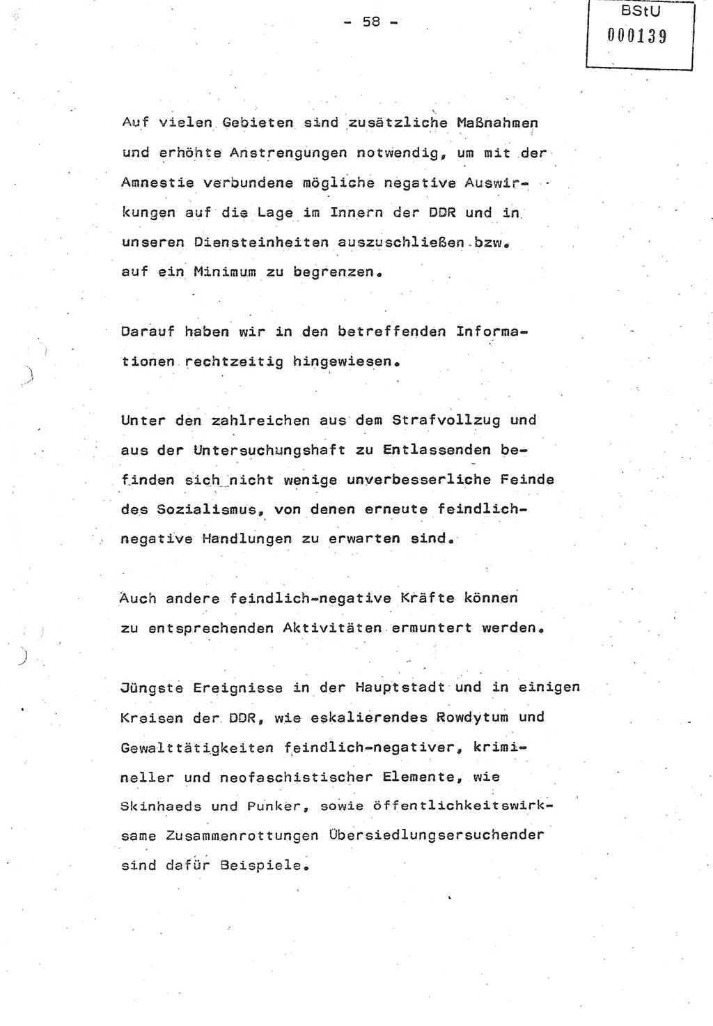 Referat (Oberst Siegfried Rataizick) auf der Dienstberatung mit den Leitern der Abteilungen der Abteilung ⅩⅣ des MfS [Ministerium für Staatssicherheit] Berlin und den Leitern der Abteilungen ⅩⅣ der Bezirksverwaltungen (BV) am 3.12.1987, Ministerium für Staatssicherheit [Deutsche Demokratische Republik (DDR)], Abteilung (Abt.) XIV, Berlin, 28.11.1987, Seite 58 (Ref. Di.-Ber. Ltr. Abt. ⅩⅣ MfS DDR 1987, S. 58)
