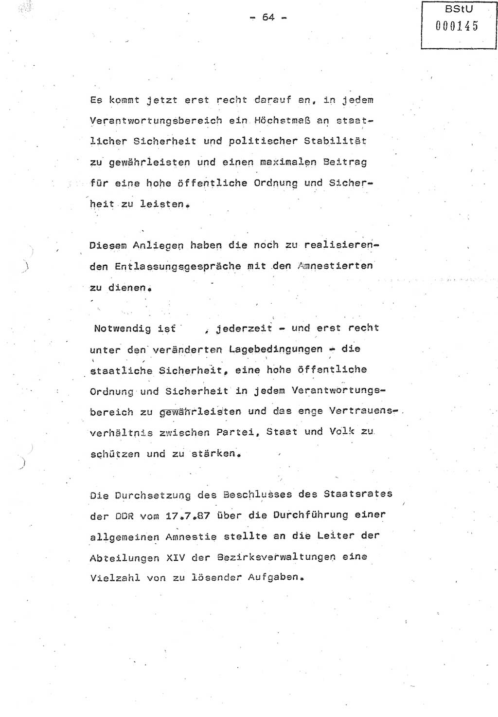 Referat (Oberst Siegfried Rataizick) auf der Dienstberatung mit den Leitern der Abteilungen der Abteilung ⅩⅣ des MfS [Ministerium für Staatssicherheit] Berlin und den Leitern der Abteilungen ⅩⅣ der Bezirksverwaltungen (BV) am 3.12.1987, Ministerium für Staatssicherheit [Deutsche Demokratische Republik (DDR)], Abteilung (Abt.) XIV, Berlin, 28.11.1987, Seite 64 (Ref. Di.-Ber. Ltr. Abt. ⅩⅣ MfS DDR 1987, S. 64)