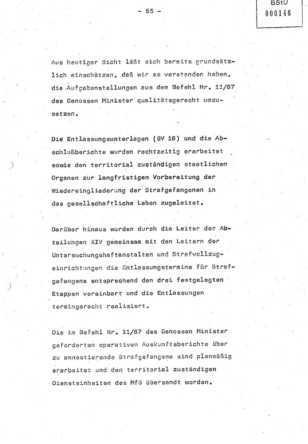 Referat (Oberst Siegfried Rataizick) auf der Dienstberatung mit den Leitern der Abteilungen der Abteilung ⅩⅣ des MfS [Ministerium für Staatssicherheit] Berlin und den Leitern der Abteilungen ⅩⅣ der Bezirksverwaltungen (BV) am 3.12.1987, Ministerium für Staatssicherheit [Deutsche Demokratische Republik (DDR)], Abteilung (Abt.) XIV, Berlin, 28.11.1987, Seite 65 (Ref. Di.-Ber. Ltr. Abt. ⅩⅣ MfS DDR 1987, S. 65)