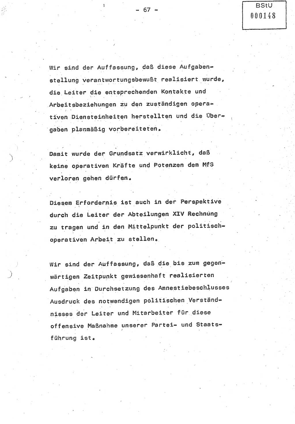 Referat (Oberst Siegfried Rataizick) auf der Dienstberatung mit den Leitern der Abteilungen der Abteilung ⅩⅣ des MfS [Ministerium für Staatssicherheit] Berlin und den Leitern der Abteilungen ⅩⅣ der Bezirksverwaltungen (BV) am 3.12.1987, Ministerium für Staatssicherheit [Deutsche Demokratische Republik (DDR)], Abteilung (Abt.) XIV, Berlin, 28.11.1987, Seite 67 (Ref. Di.-Ber. Ltr. Abt. ⅩⅣ MfS DDR 1987, S. 67)
