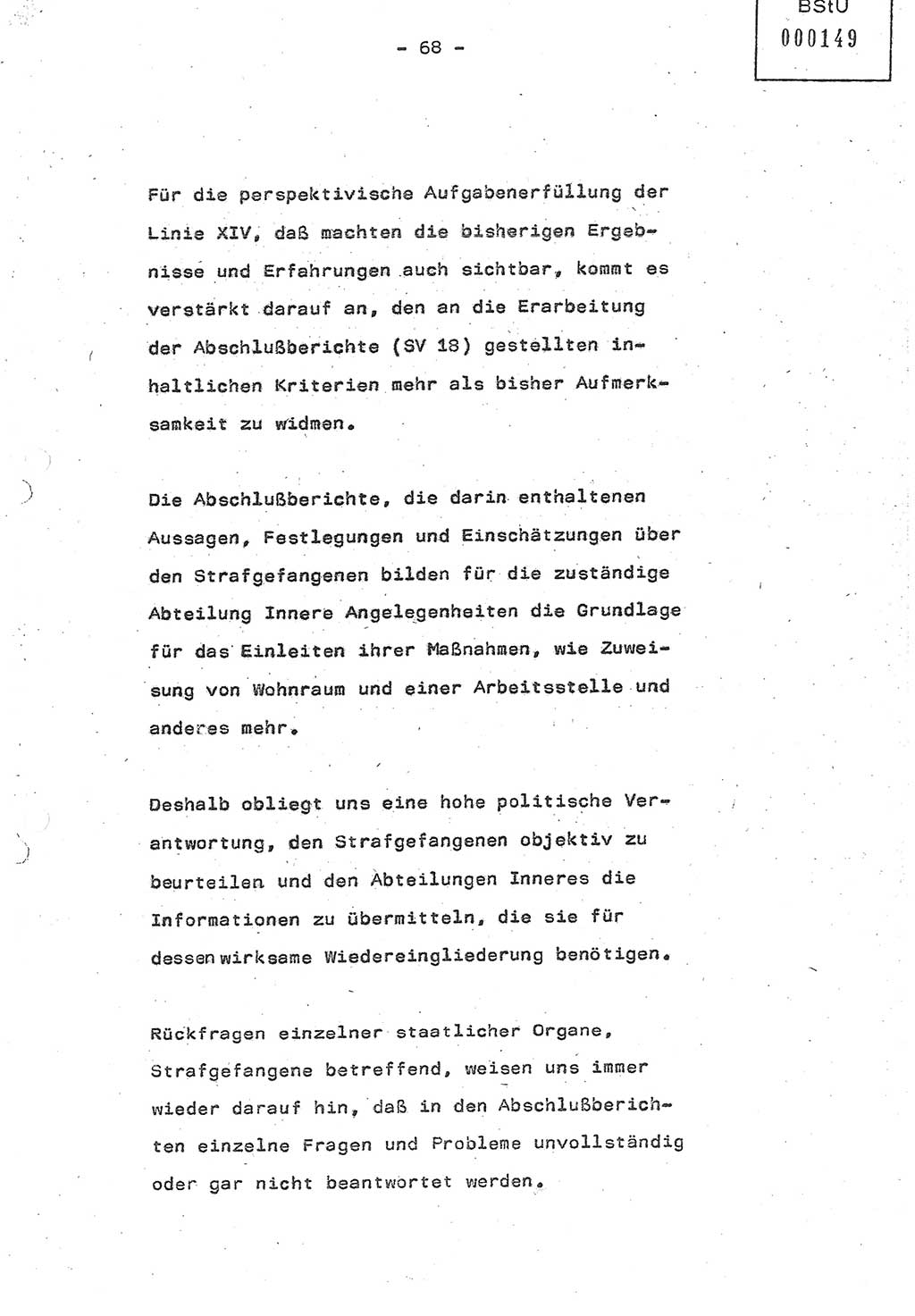 Referat (Oberst Siegfried Rataizick) auf der Dienstberatung mit den Leitern der Abteilungen der Abteilung ⅩⅣ des MfS [Ministerium für Staatssicherheit] Berlin und den Leitern der Abteilungen ⅩⅣ der Bezirksverwaltungen (BV) am 3.12.1987, Ministerium für Staatssicherheit [Deutsche Demokratische Republik (DDR)], Abteilung (Abt.) XIV, Berlin, 28.11.1987, Seite 68 (Ref. Di.-Ber. Ltr. Abt. ⅩⅣ MfS DDR 1987, S. 68)