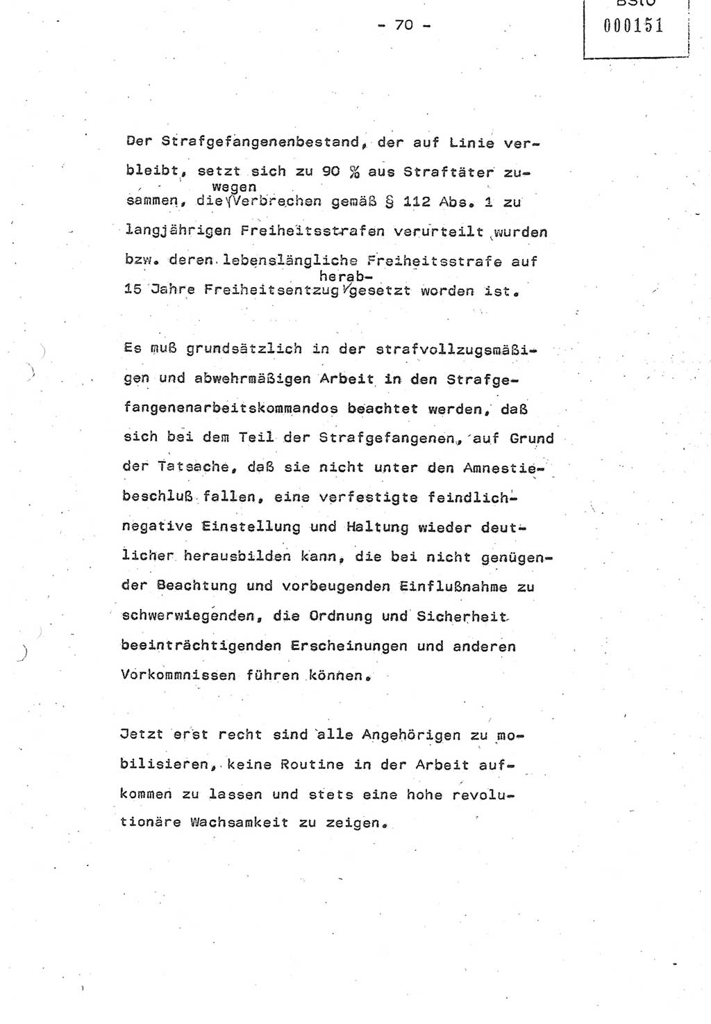 Referat (Oberst Siegfried Rataizick) auf der Dienstberatung mit den Leitern der Abteilungen der Abteilung ⅩⅣ des MfS [Ministerium für Staatssicherheit] Berlin und den Leitern der Abteilungen ⅩⅣ der Bezirksverwaltungen (BV) am 3.12.1987, Ministerium für Staatssicherheit [Deutsche Demokratische Republik (DDR)], Abteilung (Abt.) XIV, Berlin, 28.11.1987, Seite 70 (Ref. Di.-Ber. Ltr. Abt. ⅩⅣ MfS DDR 1987, S. 70)
