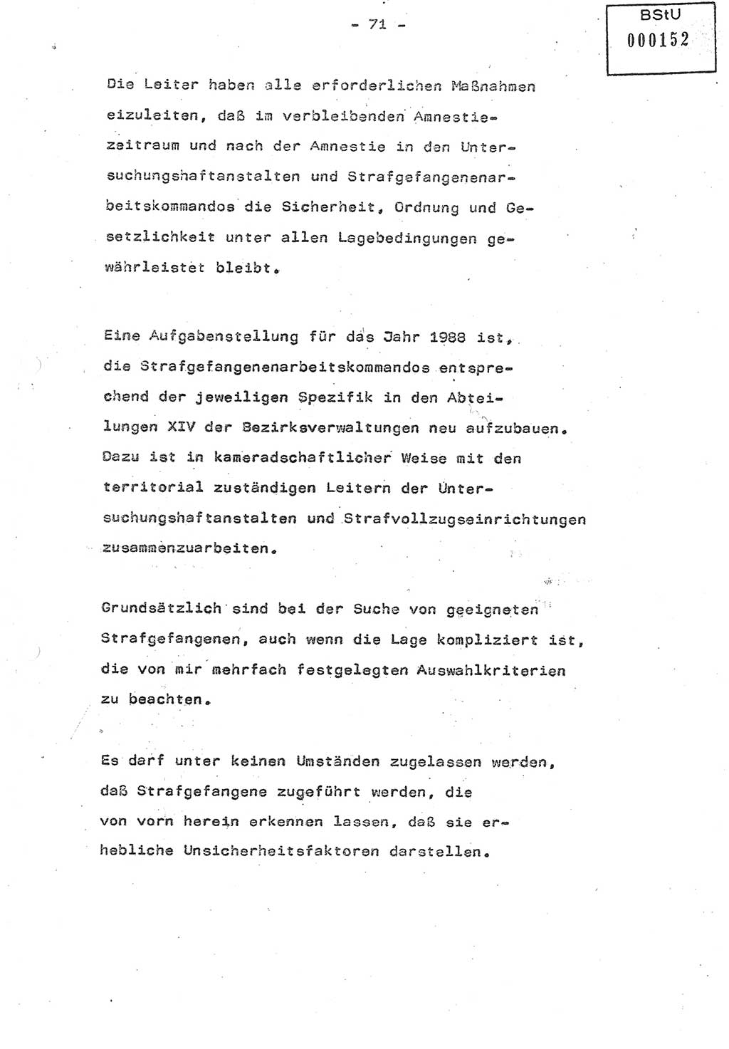 Referat (Oberst Siegfried Rataizick) auf der Dienstberatung mit den Leitern der Abteilungen der Abteilung ⅩⅣ des MfS [Ministerium für Staatssicherheit] Berlin und den Leitern der Abteilungen ⅩⅣ der Bezirksverwaltungen (BV) am 3.12.1987, Ministerium für Staatssicherheit [Deutsche Demokratische Republik (DDR)], Abteilung (Abt.) XIV, Berlin, 28.11.1987, Seite 71 (Ref. Di.-Ber. Ltr. Abt. ⅩⅣ MfS DDR 1987, S. 71)