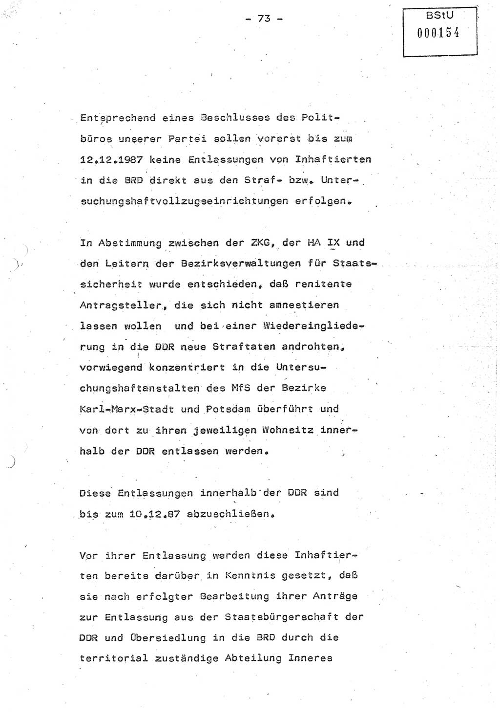 Referat (Oberst Siegfried Rataizick) auf der Dienstberatung mit den Leitern der Abteilungen der Abteilung ⅩⅣ des MfS [Ministerium für Staatssicherheit] Berlin und den Leitern der Abteilungen ⅩⅣ der Bezirksverwaltungen (BV) am 3.12.1987, Ministerium für Staatssicherheit [Deutsche Demokratische Republik (DDR)], Abteilung (Abt.) XIV, Berlin, 28.11.1987, Seite 73 (Ref. Di.-Ber. Ltr. Abt. ⅩⅣ MfS DDR 1987, S. 73)