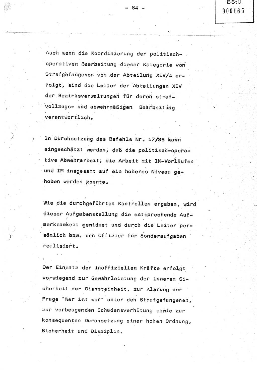 Referat (Oberst Siegfried Rataizick) auf der Dienstberatung mit den Leitern der Abteilungen der Abteilung ⅩⅣ des MfS [Ministerium für Staatssicherheit] Berlin und den Leitern der Abteilungen ⅩⅣ der Bezirksverwaltungen (BV) am 3.12.1987, Ministerium für Staatssicherheit [Deutsche Demokratische Republik (DDR)], Abteilung (Abt.) XIV, Berlin, 28.11.1987, Seite 84 (Ref. Di.-Ber. Ltr. Abt. ⅩⅣ MfS DDR 1987, S. 84)