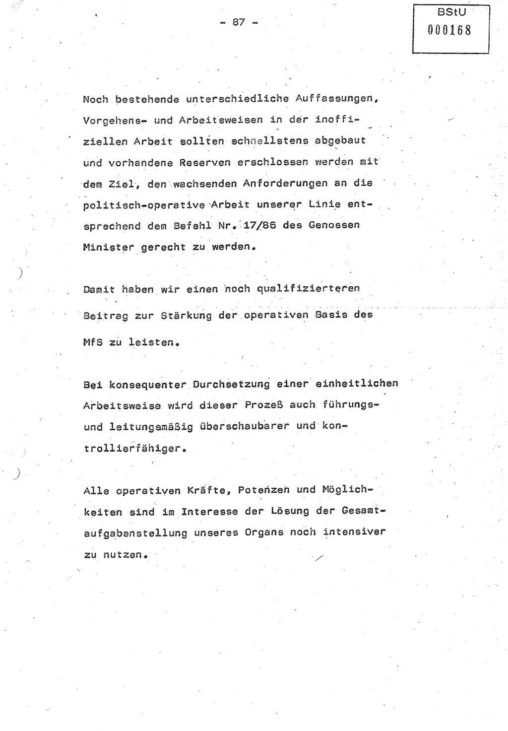 Referat (Oberst Siegfried Rataizick) auf der Dienstberatung mit den Leitern der Abteilungen der Abteilung ⅩⅣ des MfS [Ministerium für Staatssicherheit] Berlin und den Leitern der Abteilungen ⅩⅣ der Bezirksverwaltungen (BV) am 3.12.1987, Ministerium für Staatssicherheit [Deutsche Demokratische Republik (DDR)], Abteilung (Abt.) XIV, Berlin, 28.11.1987, Seite 87 (Ref. Di.-Ber. Ltr. Abt. ⅩⅣ MfS DDR 1987, S. 87)