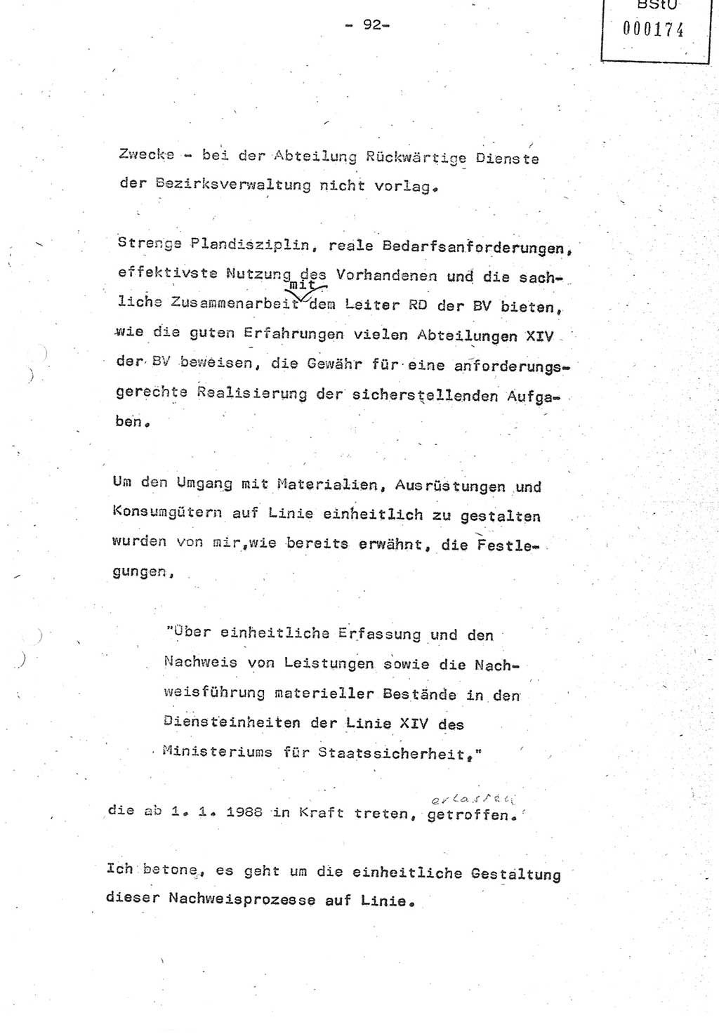 Referat (Oberst Siegfried Rataizick) auf der Dienstberatung mit den Leitern der Abteilungen der Abteilung ⅩⅣ des MfS [Ministerium für Staatssicherheit] Berlin und den Leitern der Abteilungen ⅩⅣ der Bezirksverwaltungen (BV) am 3.12.1987, Ministerium für Staatssicherheit [Deutsche Demokratische Republik (DDR)], Abteilung (Abt.) XIV, Berlin, 28.11.1987, Seite 92 (Ref. Di.-Ber. Ltr. Abt. ⅩⅣ MfS DDR 1987, S. 92)