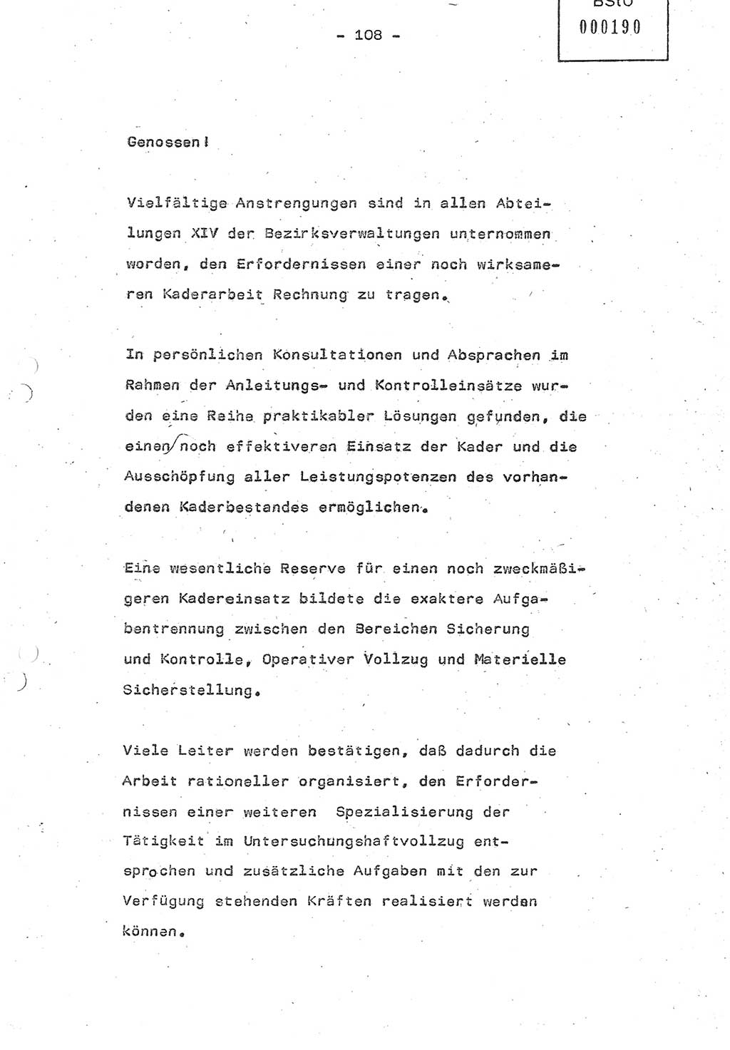 Referat (Oberst Siegfried Rataizick) auf der Dienstberatung mit den Leitern der Abteilungen der Abteilung ⅩⅣ des MfS [Ministerium für Staatssicherheit] Berlin und den Leitern der Abteilungen ⅩⅣ der Bezirksverwaltungen (BV) am 3.12.1987, Ministerium für Staatssicherheit [Deutsche Demokratische Republik (DDR)], Abteilung (Abt.) XIV, Berlin, 28.11.1987, Seite 108 (Ref. Di.-Ber. Ltr. Abt. ⅩⅣ MfS DDR 1987, S. 108)