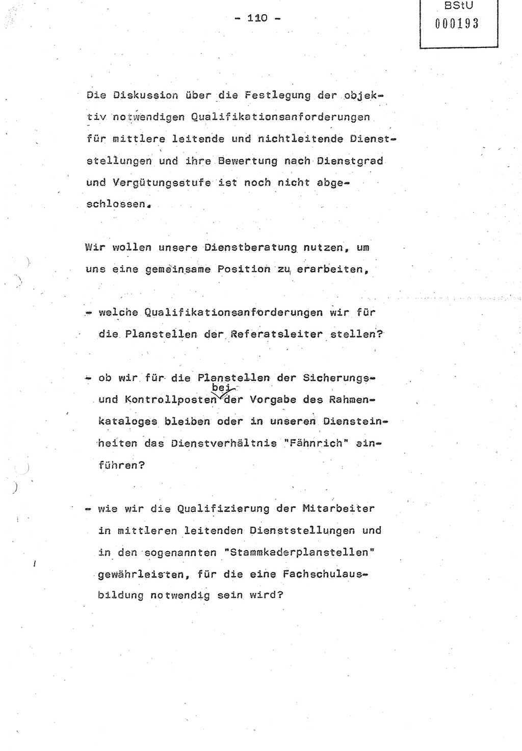 Referat (Oberst Siegfried Rataizick) auf der Dienstberatung mit den Leitern der Abteilungen der Abteilung ⅩⅣ des MfS [Ministerium für Staatssicherheit] Berlin und den Leitern der Abteilungen ⅩⅣ der Bezirksverwaltungen (BV) am 3.12.1987, Ministerium für Staatssicherheit [Deutsche Demokratische Republik (DDR)], Abteilung (Abt.) XIV, Berlin, 28.11.1987, Seite 110 (Ref. Di.-Ber. Ltr. Abt. ⅩⅣ MfS DDR 1987, S. 110)