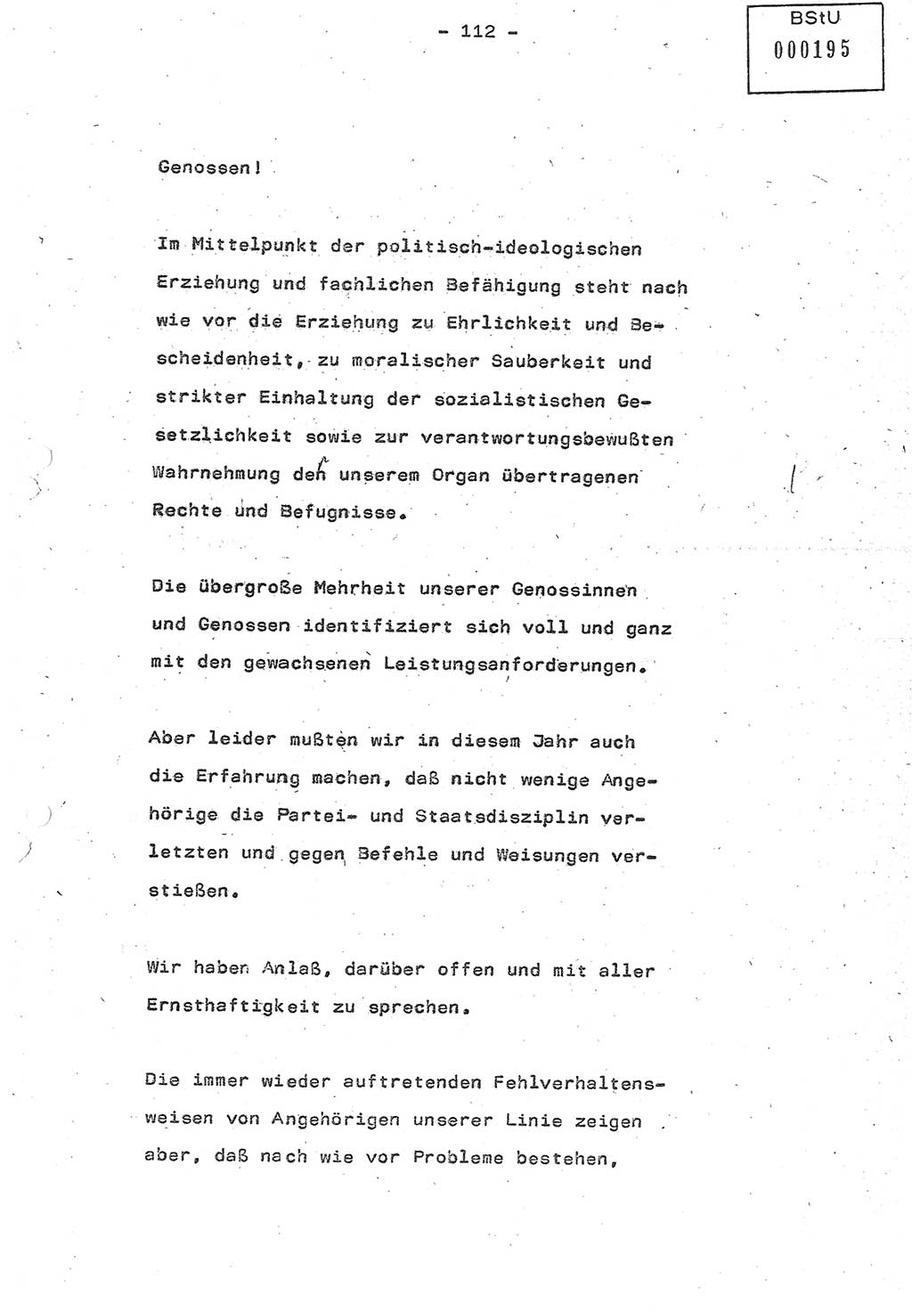 Referat (Oberst Siegfried Rataizick) auf der Dienstberatung mit den Leitern der Abteilungen der Abteilung ⅩⅣ des MfS [Ministerium für Staatssicherheit] Berlin und den Leitern der Abteilungen ⅩⅣ der Bezirksverwaltungen (BV) am 3.12.1987, Ministerium für Staatssicherheit [Deutsche Demokratische Republik (DDR)], Abteilung (Abt.) XIV, Berlin, 28.11.1987, Seite 112 (Ref. Di.-Ber. Ltr. Abt. ⅩⅣ MfS DDR 1987, S. 112)