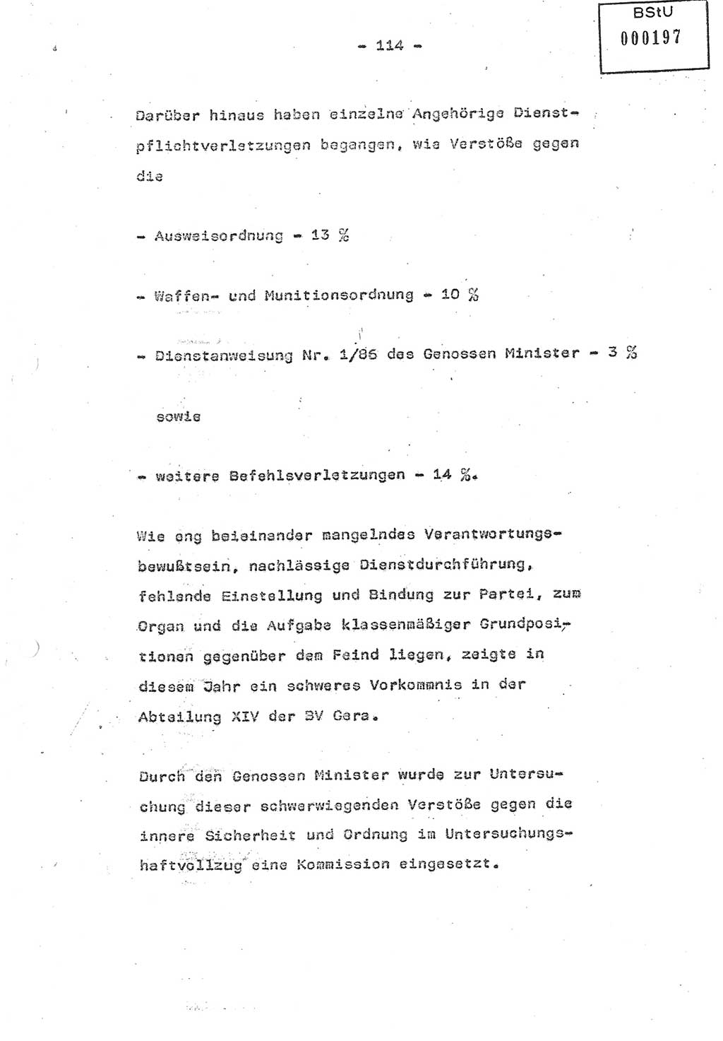 Referat (Oberst Siegfried Rataizick) auf der Dienstberatung mit den Leitern der Abteilungen der Abteilung ⅩⅣ des MfS [Ministerium für Staatssicherheit] Berlin und den Leitern der Abteilungen ⅩⅣ der Bezirksverwaltungen (BV) am 3.12.1987, Ministerium für Staatssicherheit [Deutsche Demokratische Republik (DDR)], Abteilung (Abt.) XIV, Berlin, 28.11.1987, Seite 114 (Ref. Di.-Ber. Ltr. Abt. ⅩⅣ MfS DDR 1987, S. 114)
