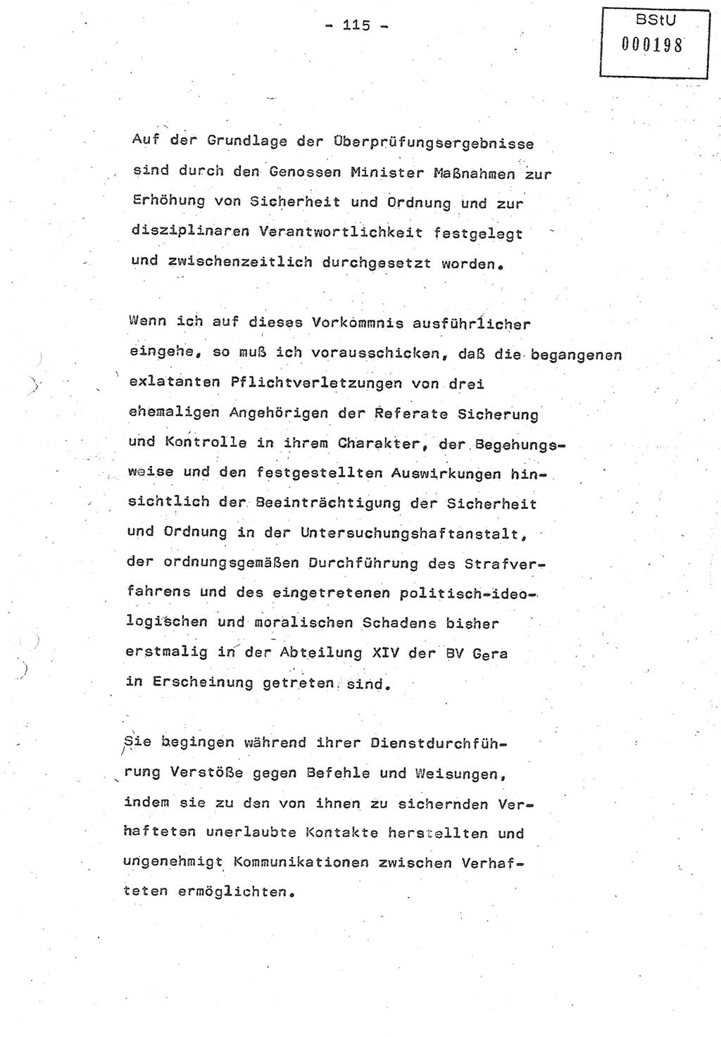 Referat (Oberst Siegfried Rataizick) auf der Dienstberatung mit den Leitern der Abteilungen der Abteilung ⅩⅣ des MfS [Ministerium für Staatssicherheit] Berlin und den Leitern der Abteilungen ⅩⅣ der Bezirksverwaltungen (BV) am 3.12.1987, Ministerium für Staatssicherheit [Deutsche Demokratische Republik (DDR)], Abteilung (Abt.) XIV, Berlin, 28.11.1987, Seite 115 (Ref. Di.-Ber. Ltr. Abt. ⅩⅣ MfS DDR 1987, S. 115)